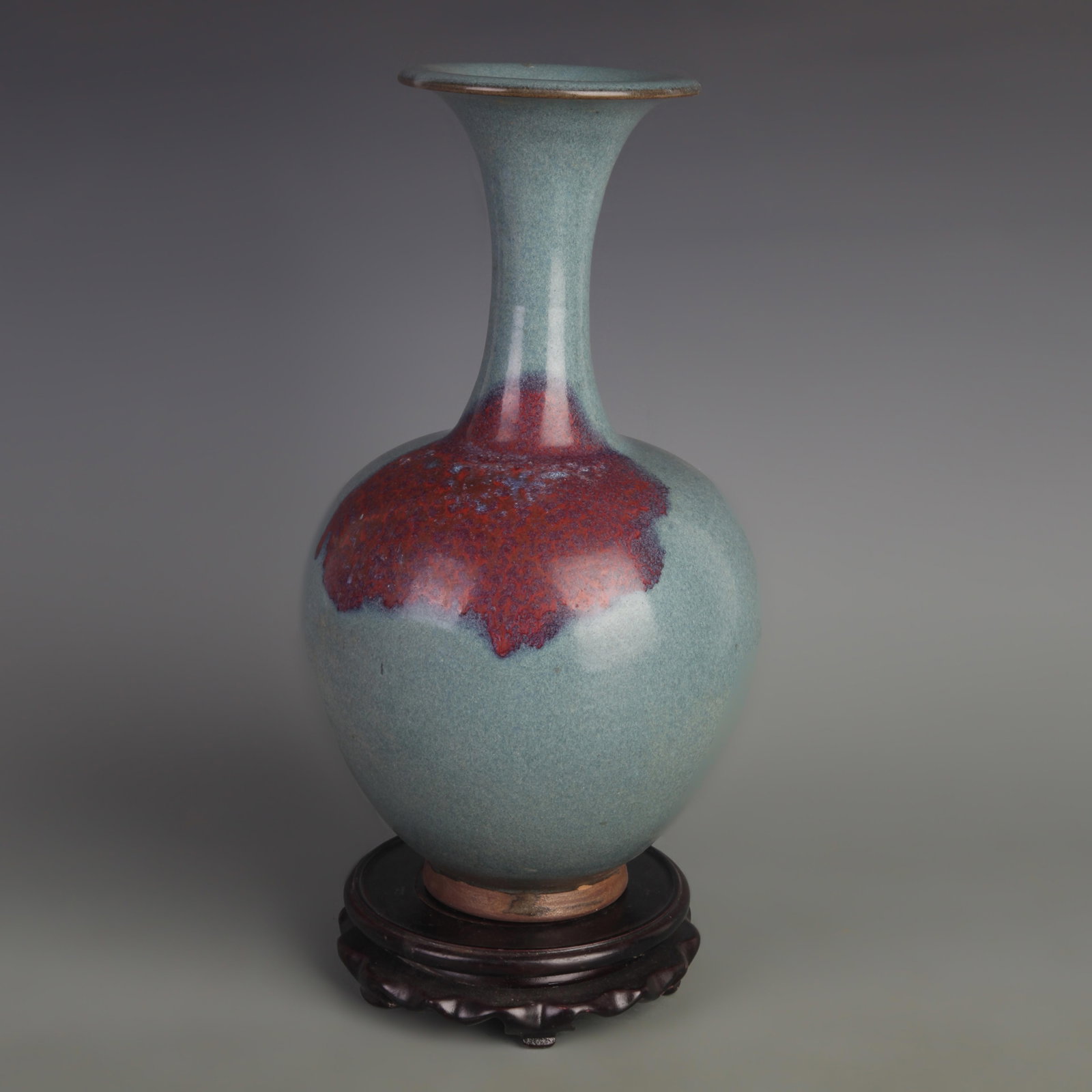 JUN WARE APPRECIATION VASE: Song Dynasty Style; Width: 5.8 inch; High: 11.2 inch. Wooden base for display only