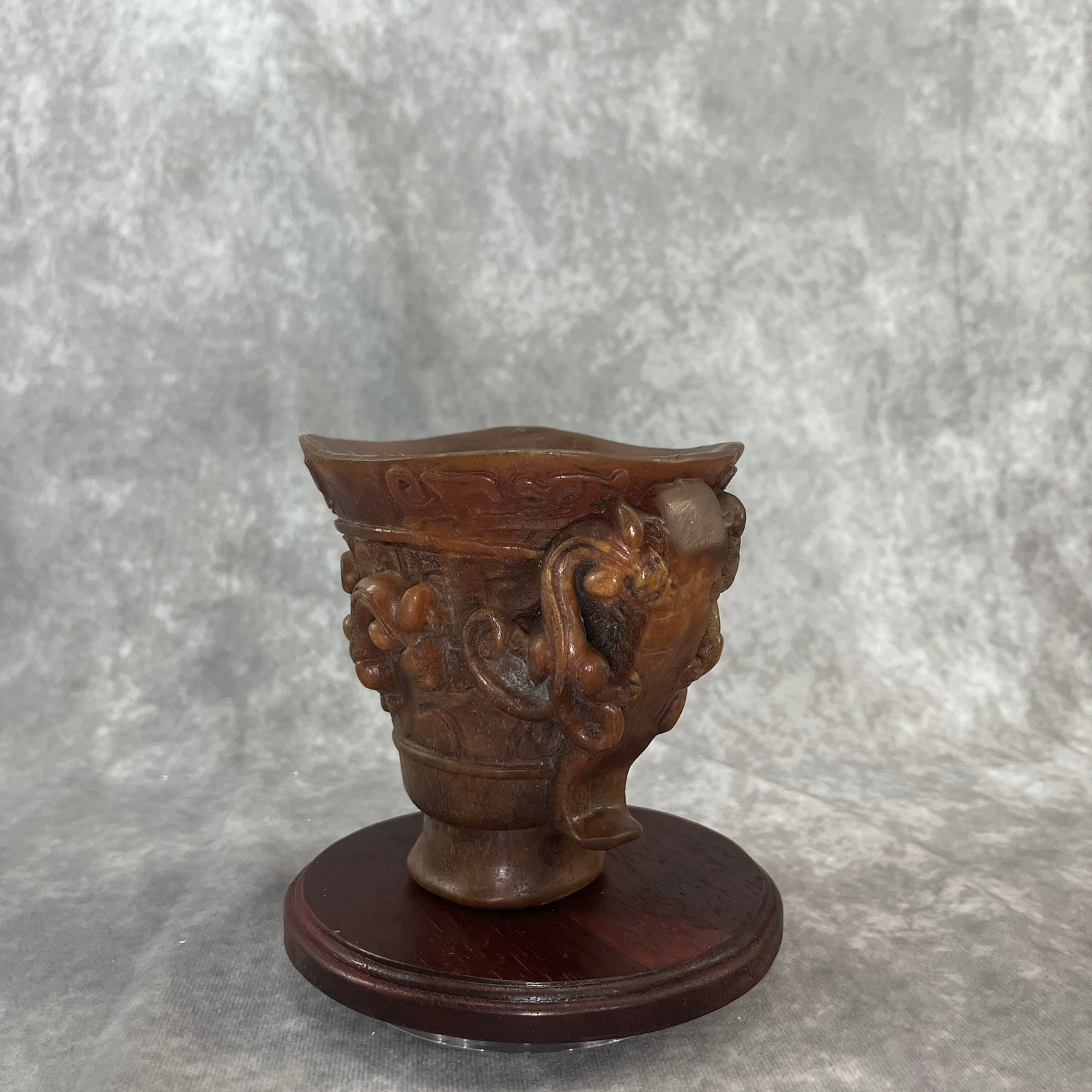 BONE CARVED HORN ARCHAISTIC LIBATION CUP - 3