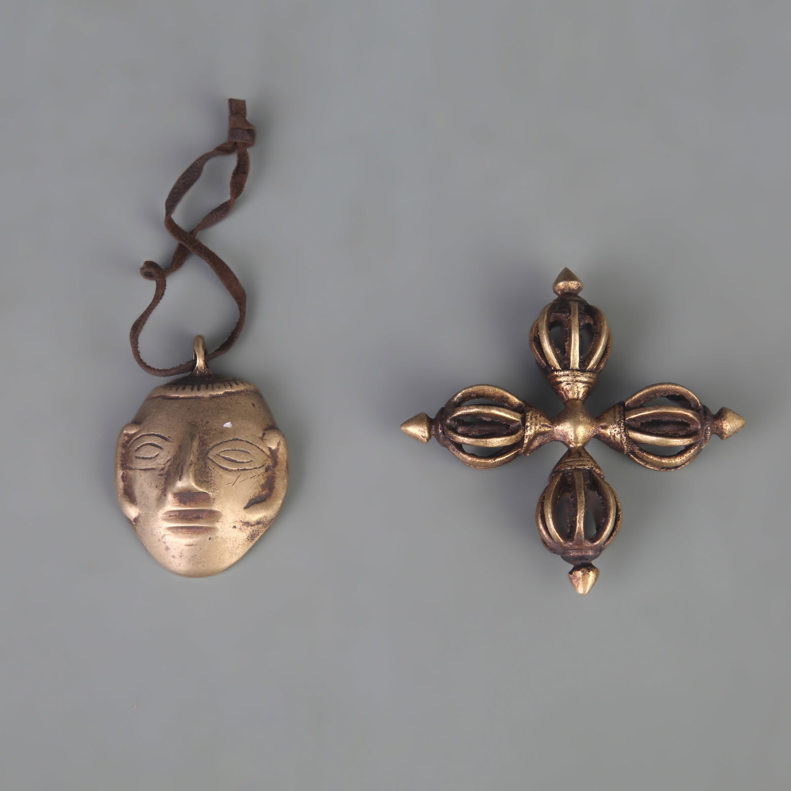 SET OF 2 TIBETAN BUDDHIST RITUAL OBJECTS: Qing Dynasty; Long: 2.3 inch; Width: 1.6 inch; to 2.3 inch; . Wooden base for display only