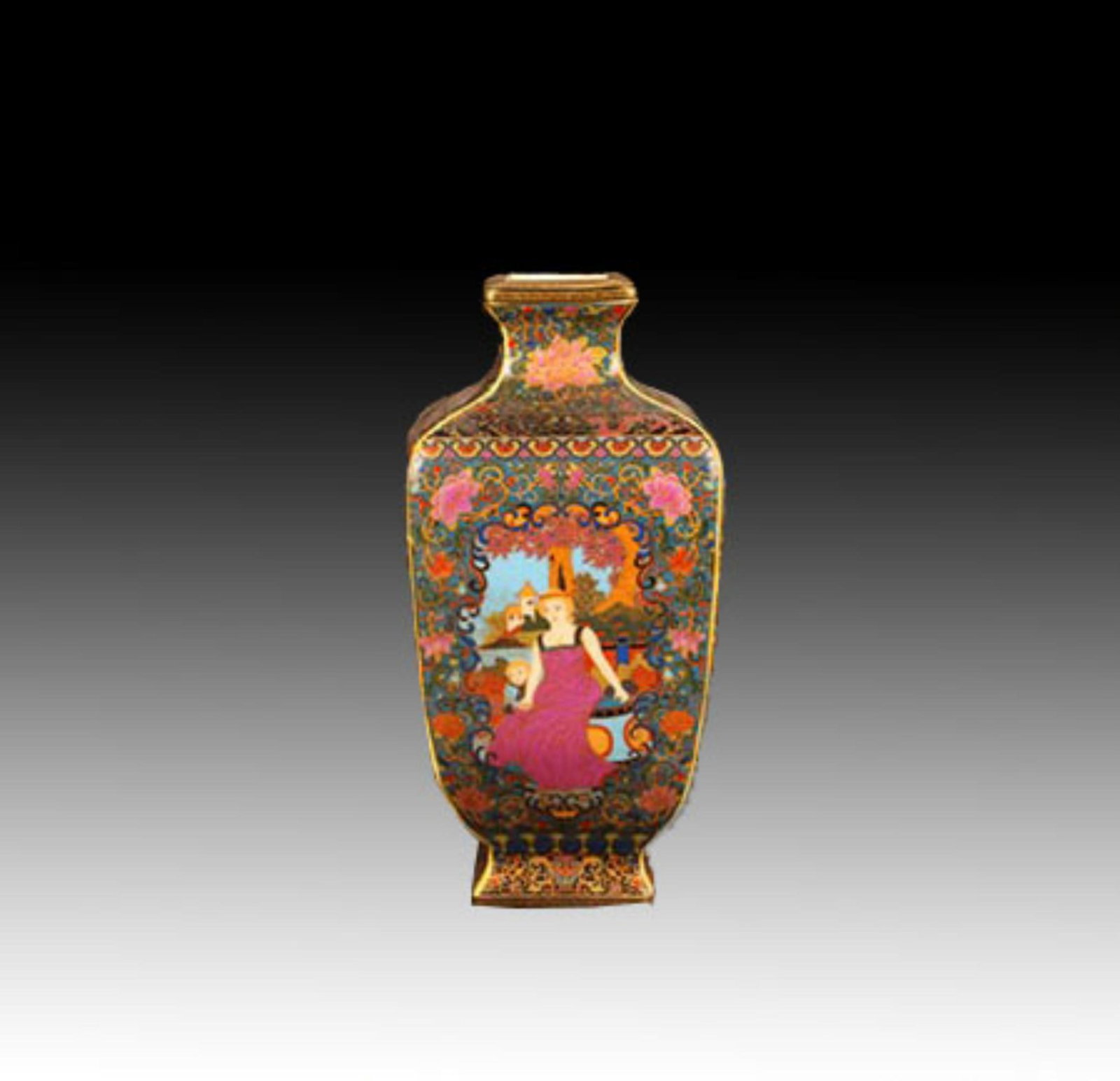 FAMILLE ROSE SQUARE PORCELAIN VASE WITH WESTERN FIGURES: Qing Dynasty Yong Zheng Period; High: 8.75 inch; Width: 4.0 inch; Diameter: 2.0 inch; . Wooden base for display only