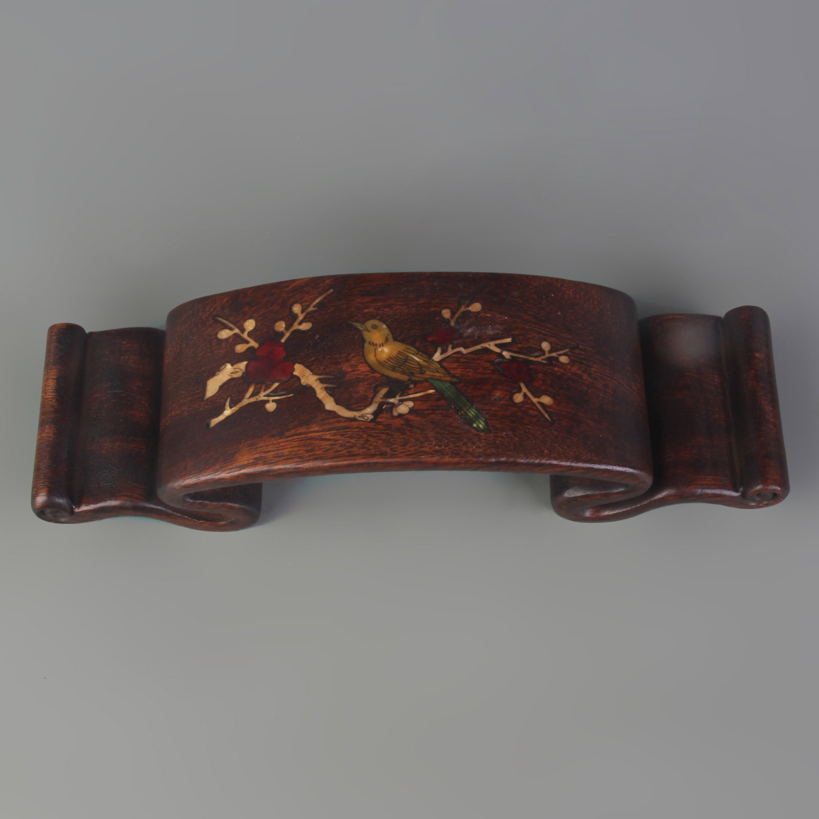 HARDWOOD INK REST INLAID WITH MOTHER-OF-PEARL: Qing Dynasty; Long: 10.3 inch; Width: 2.8 inch; High: 2.3 inch