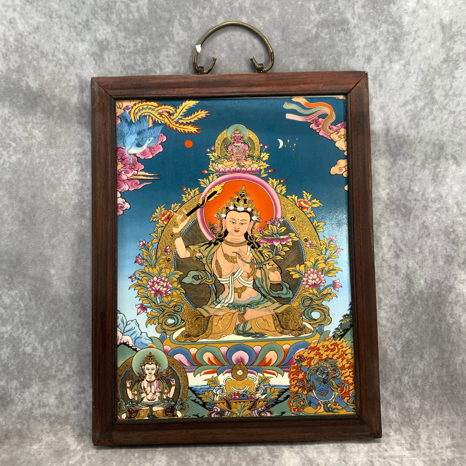 A FINE PORCELAIN TIBETIAN BUDDHISM PAINTING WITH ROSEWOOD FRAME: Modern; Long: 14.5 inch; Width:11.2 inch; High: 0.7 inch;