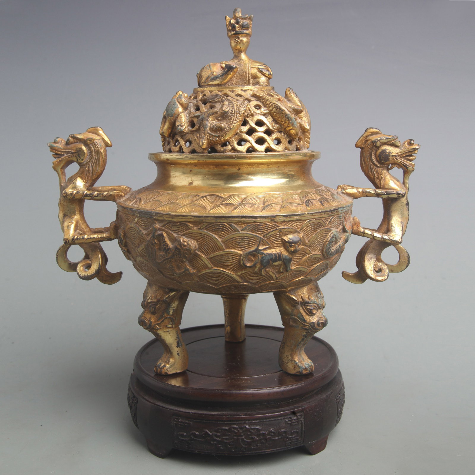 BRONZE INCENSE BURNER WITH DRAGON MOTIFS ON THE LEGS: Ming Dynasty Style; Diameter: 8.2 inch; High: 10.2 inch; wooden base for picture and display purpose only.