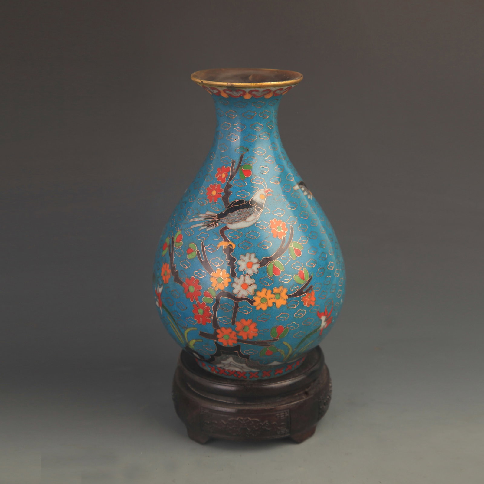 RARE CLOISONNE BRONZE YU HU CHUN VASE WITH MAGPIE AND PLUM BLOSSOM MOTIF: Qing Dynasty Qian Long Period; High: 8.25 inch; Diameter: 3.0 inch; wooden base for picture and display purpose only.