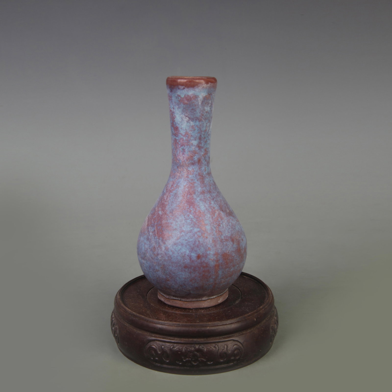 A FINE JUN KILN SMALL GLOBULAR VASE: Song Dynasty Style, High: 4.7 inch; Diameter: 1.4 inch; wooden base for picture and display purpose only.