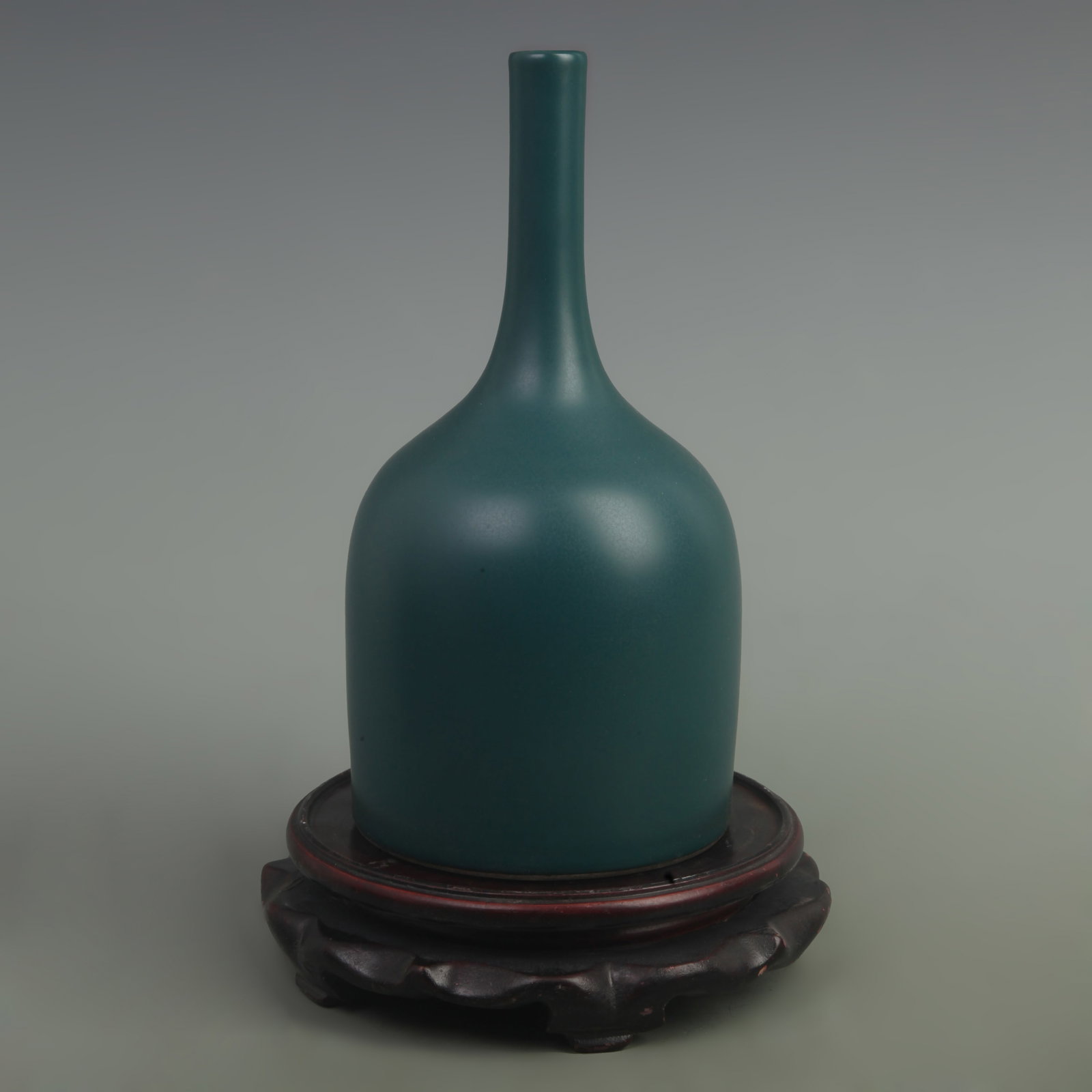 PEACOCK BLUE-GLAZED BELL-FORM PORCELAIN VASE: Qing Dynasty Yong Zheng Period; High: 9.7 inch Width: 4.8 inch ; wooden base for picture and display purpose only.