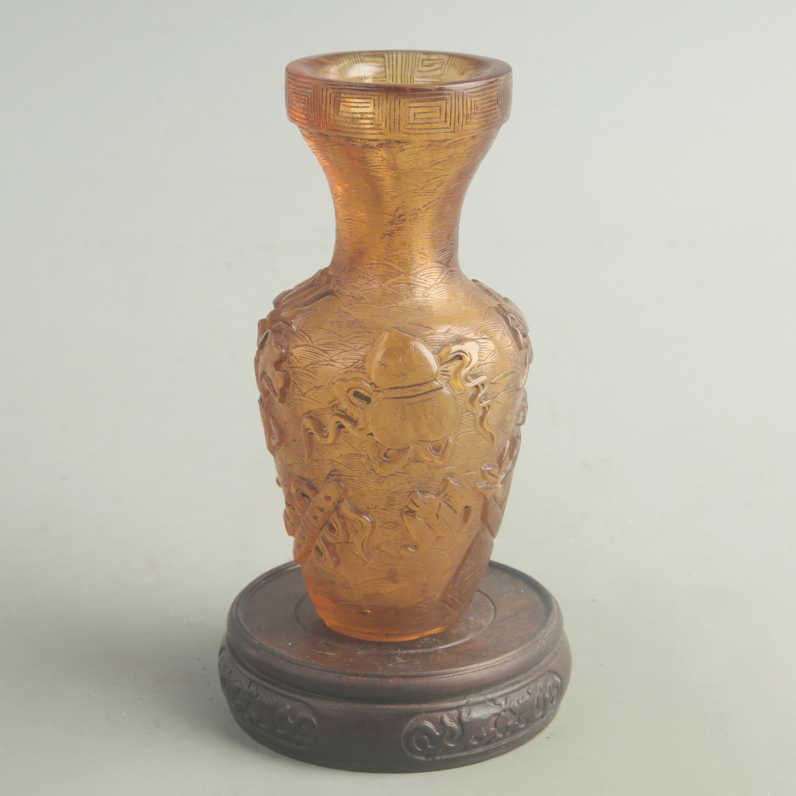 GOLD-SPLASHED GLASS MADE ???IGHT TREASURES??VASE: Qing Dynasty; High: 5.80 inch; Diameter: 2.20 inch; wooden base for picture and display purpose only.