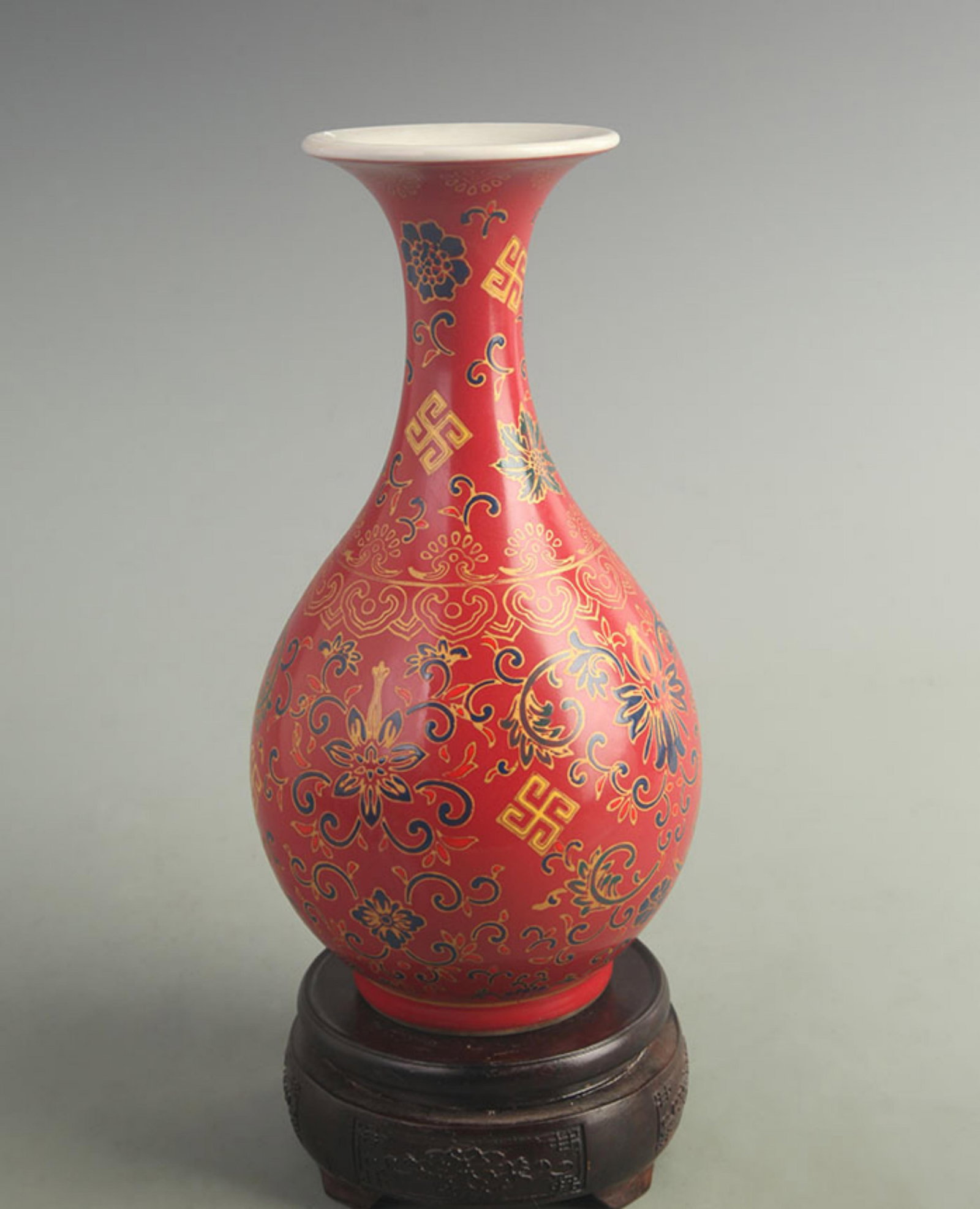 LANGYAO RED YUHUCHUN VASE WITH ENAMEL DECORATION: Qing Dynasty Qian Long Period; High: 10.0 inch; Width: 5.00 inch;; wooden base for picture and display purpose only.