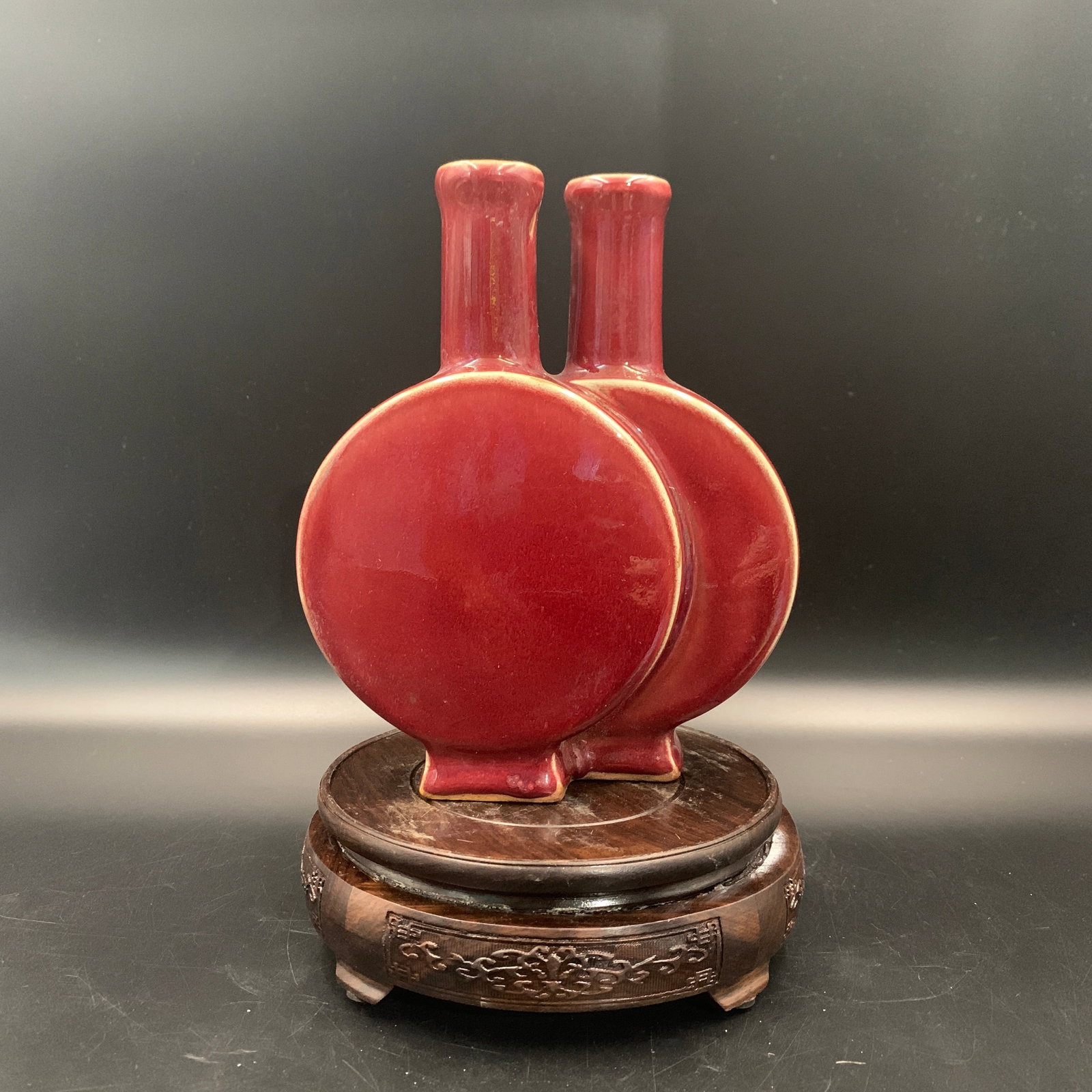SACRIFICIAL RED DOUBLE-CONJOINED MOONFLASK (BAO YUE PING): Ming Dynasty Style; Long: 6.3 inch; Width: 2.7 inch; High: 7.7 inch; wooden base for picture and display purpose only.