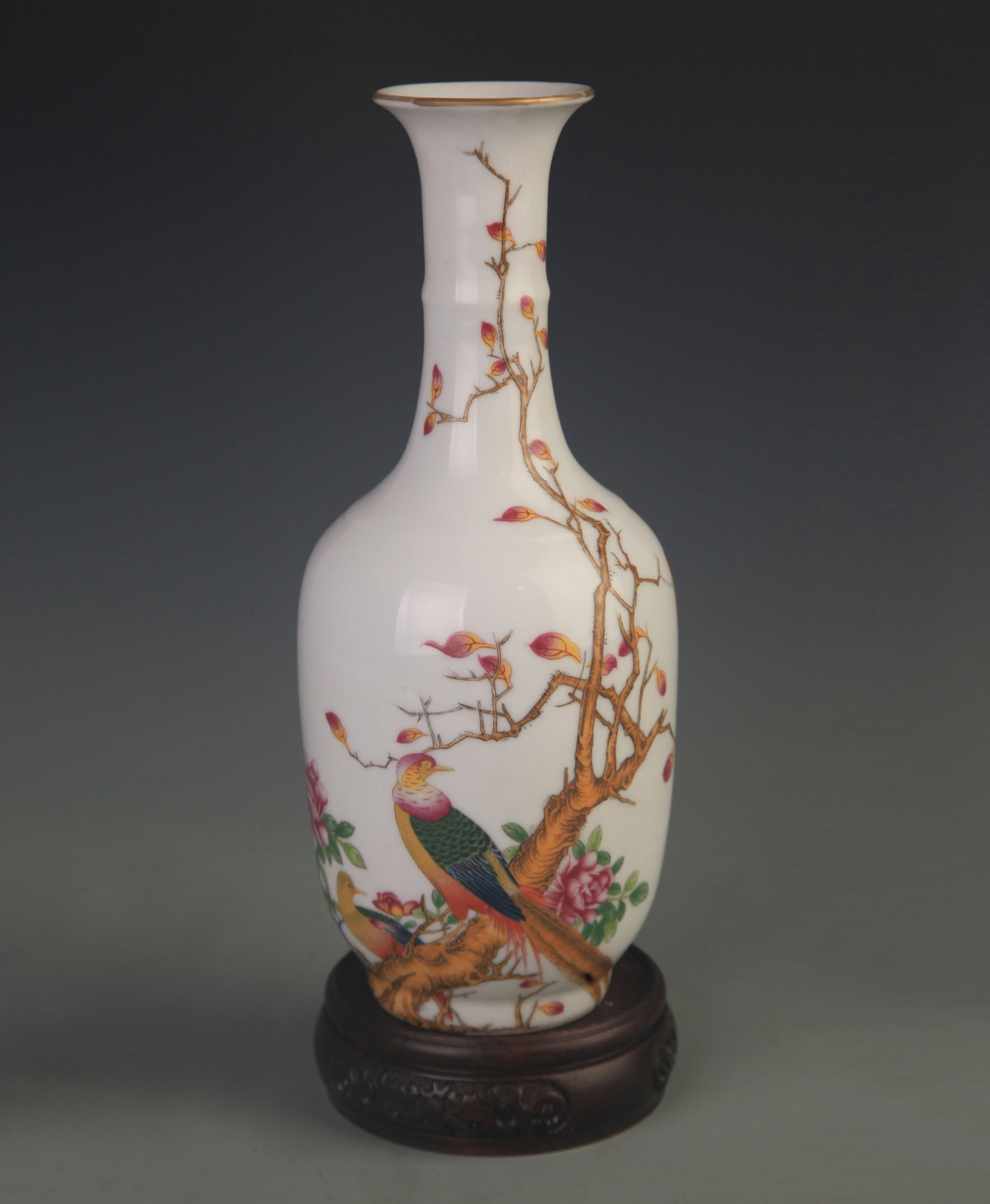 RARE ENAMEL COLOR PEONY AND CHICKEN PATTERN LONG NECK VASE (1 of 6)