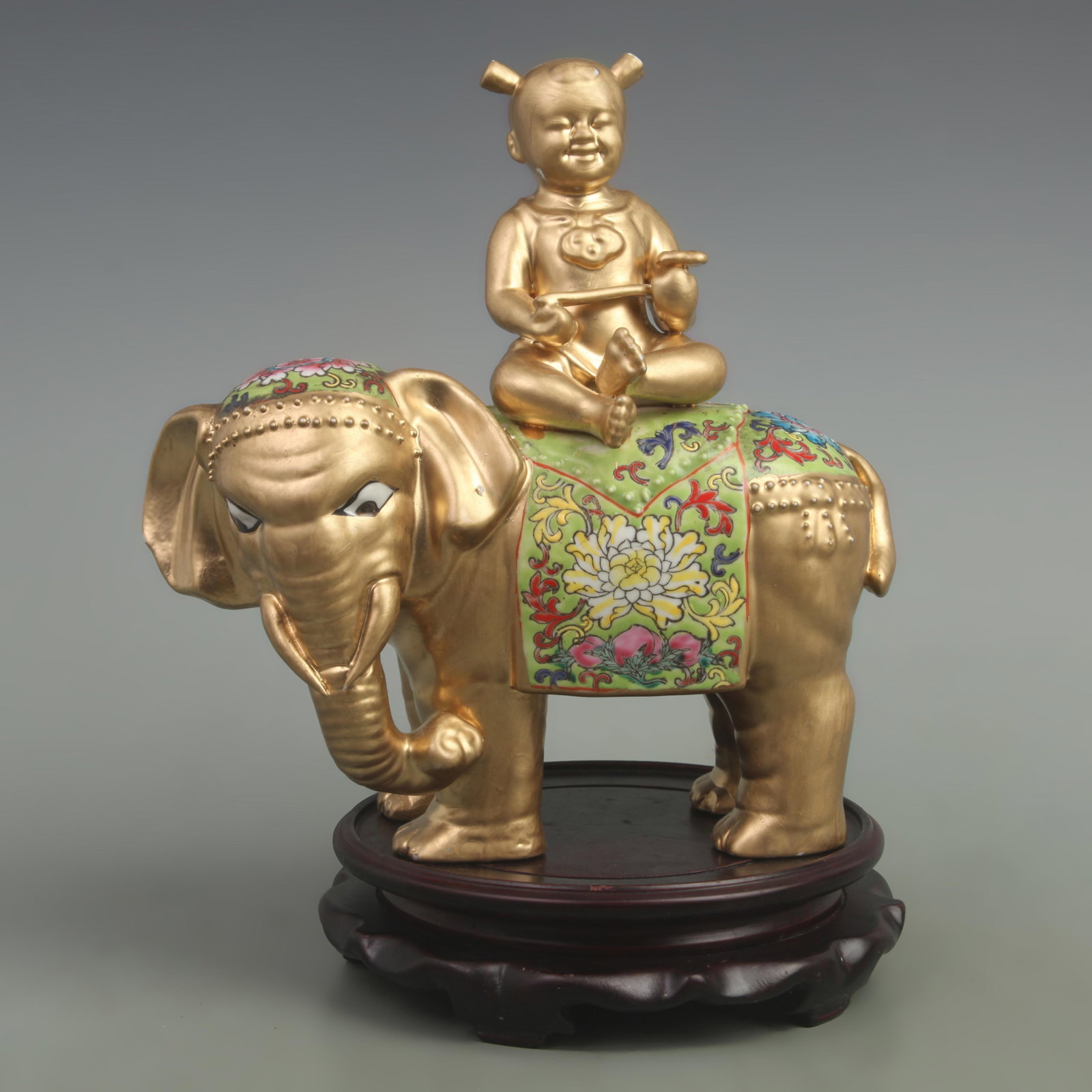 FAMILLE ROSE ELEPHANT WITH GIRL PATTERN STATUE DECORATION: Qing Dynasty Qian Long Period; Diameter: High: 10.1 inch; High: 10.5 inch; wooden base for picture and display purpose only.