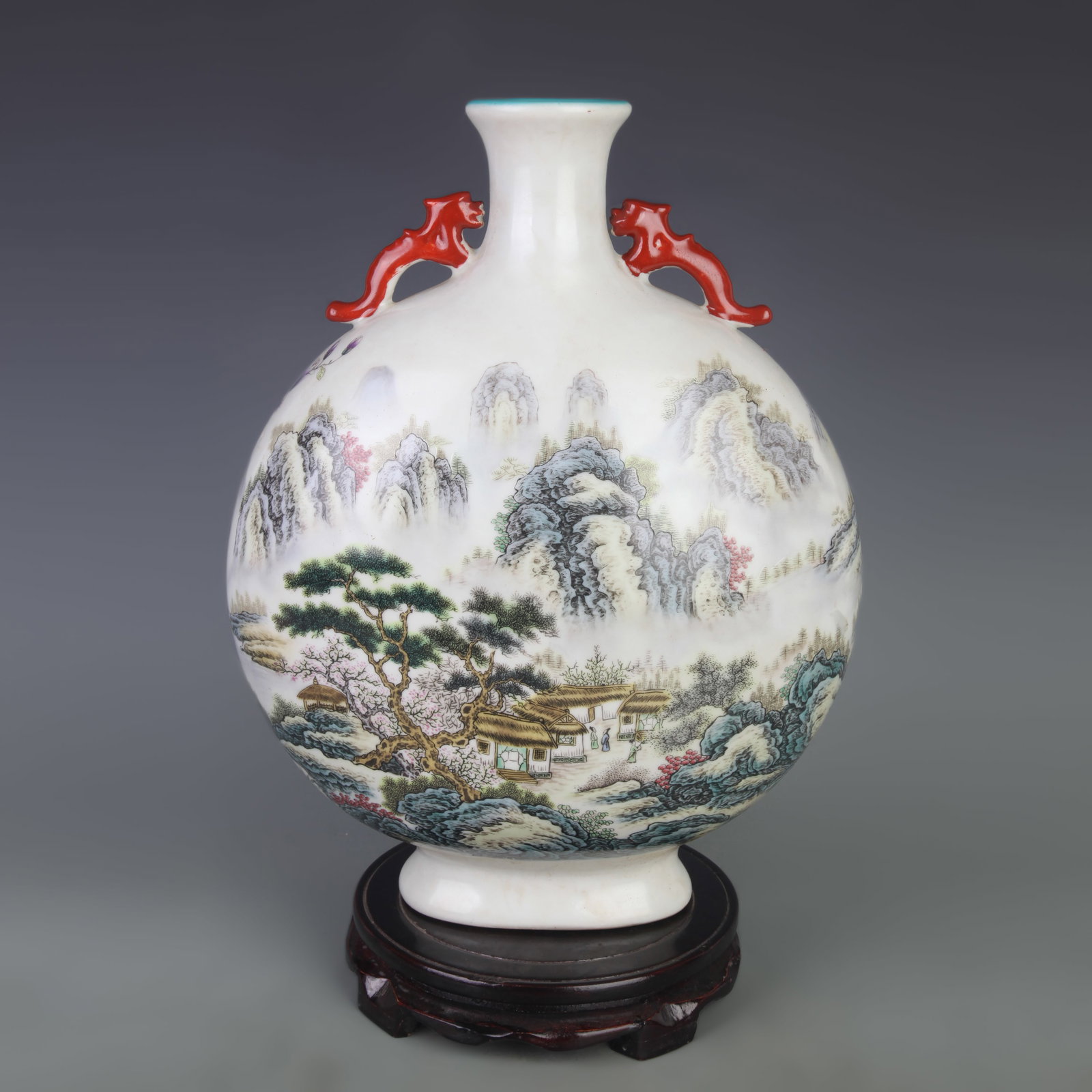 A FAMILLE ROSE DOUBLE-HANDLED FLATTENED VASE WITH FLORAL AND BIRD DECORATION: Qing Dynasty Qian Long Period; Diameter: 10.2 inch; High: 13.7 inch; wooden base for picture and display purpose only.