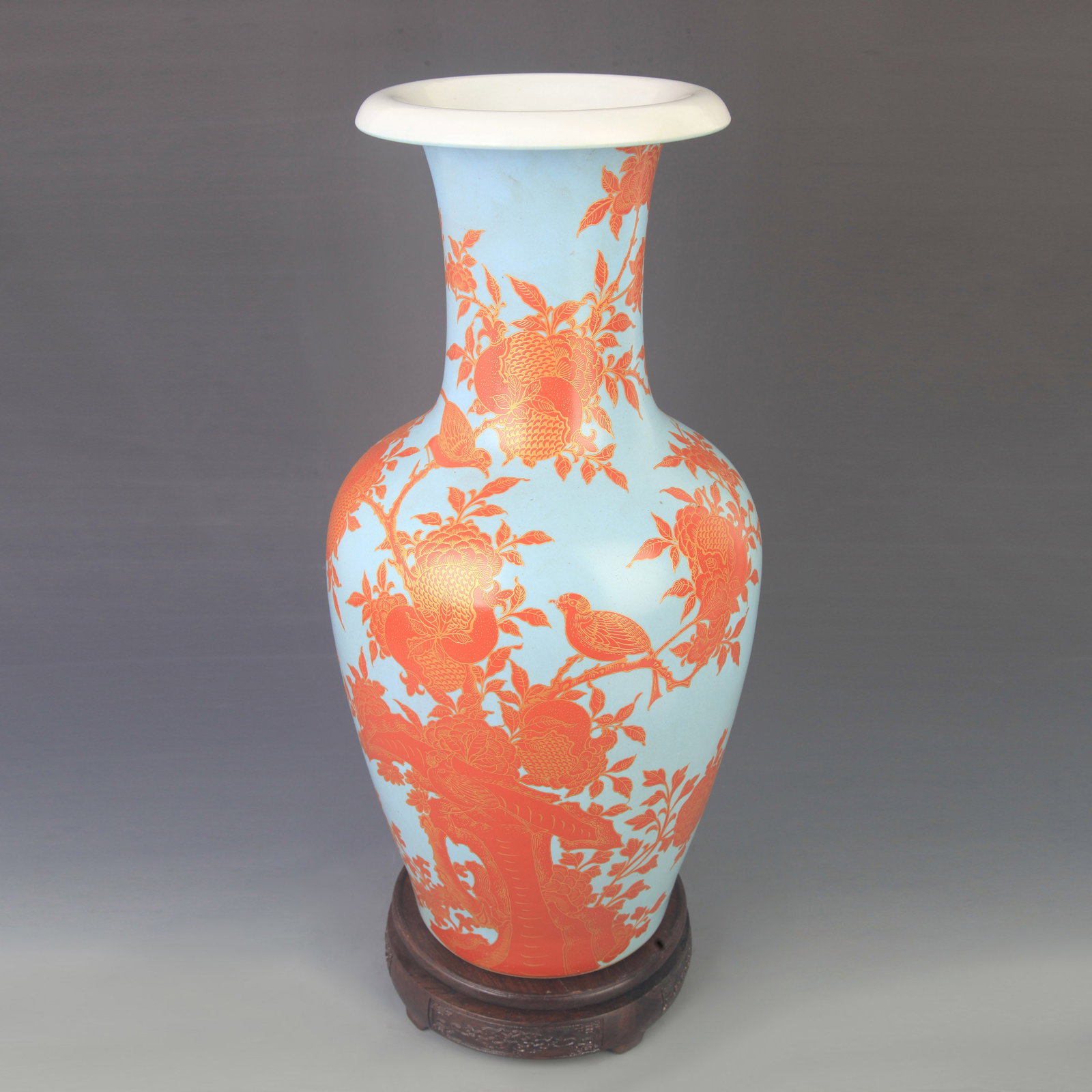 FAMILLE ROSE CELADON GILDED LARGE VASE WITH FLOWER AND BIRD DESIGN: Qing Dynasty Kang Xi Period; High: 16.5 inch; Diameter: 8.00 inch; wooden base for picture and display purpose only.