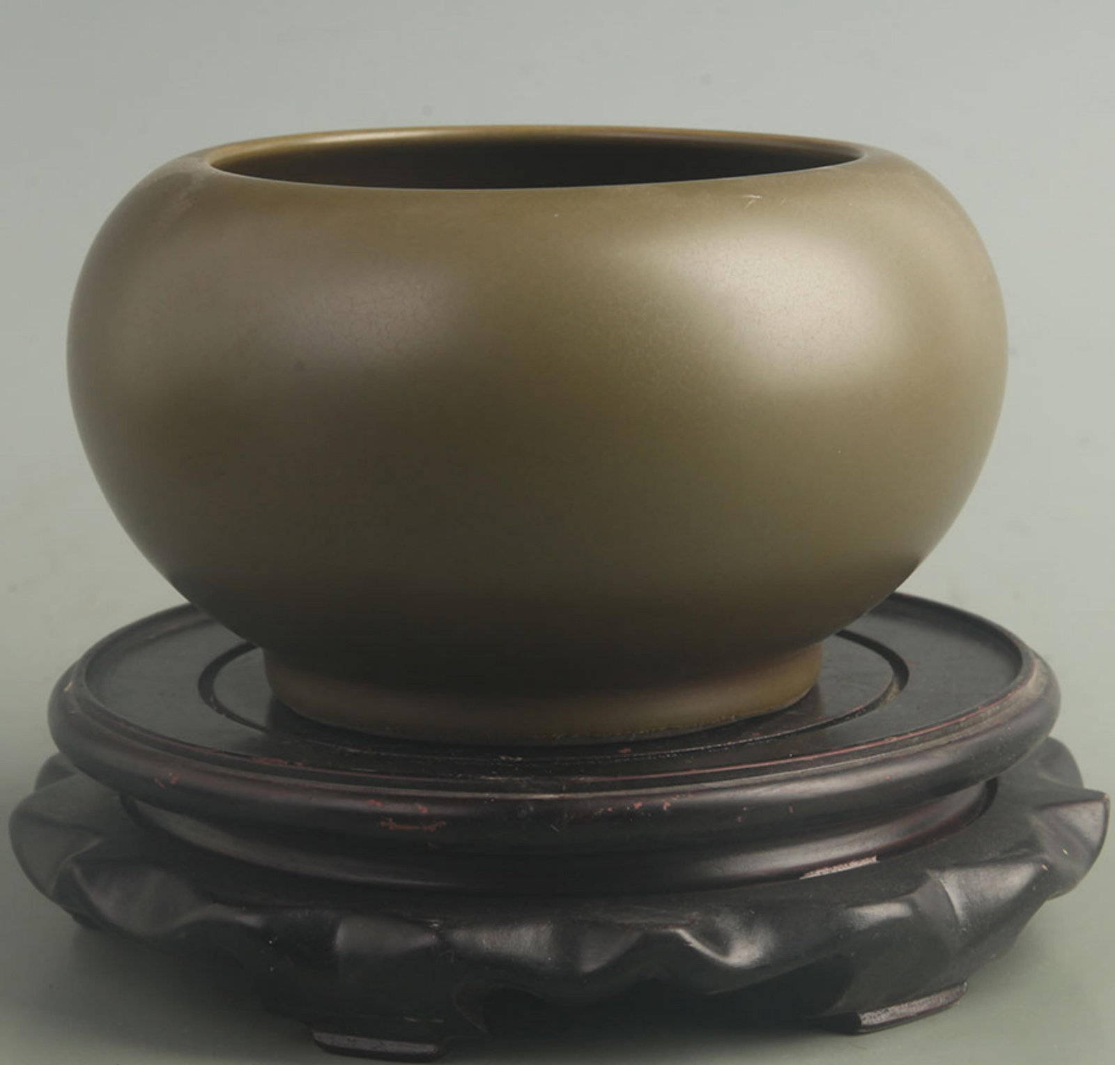 TEA DUST GLAZED PORCELAIN BRUSH WASHER: Qing Dynasty Yong Zheng Period; High: 4.00 inch; Width: 6.30 inch; wooden base for picture and display purpose only.