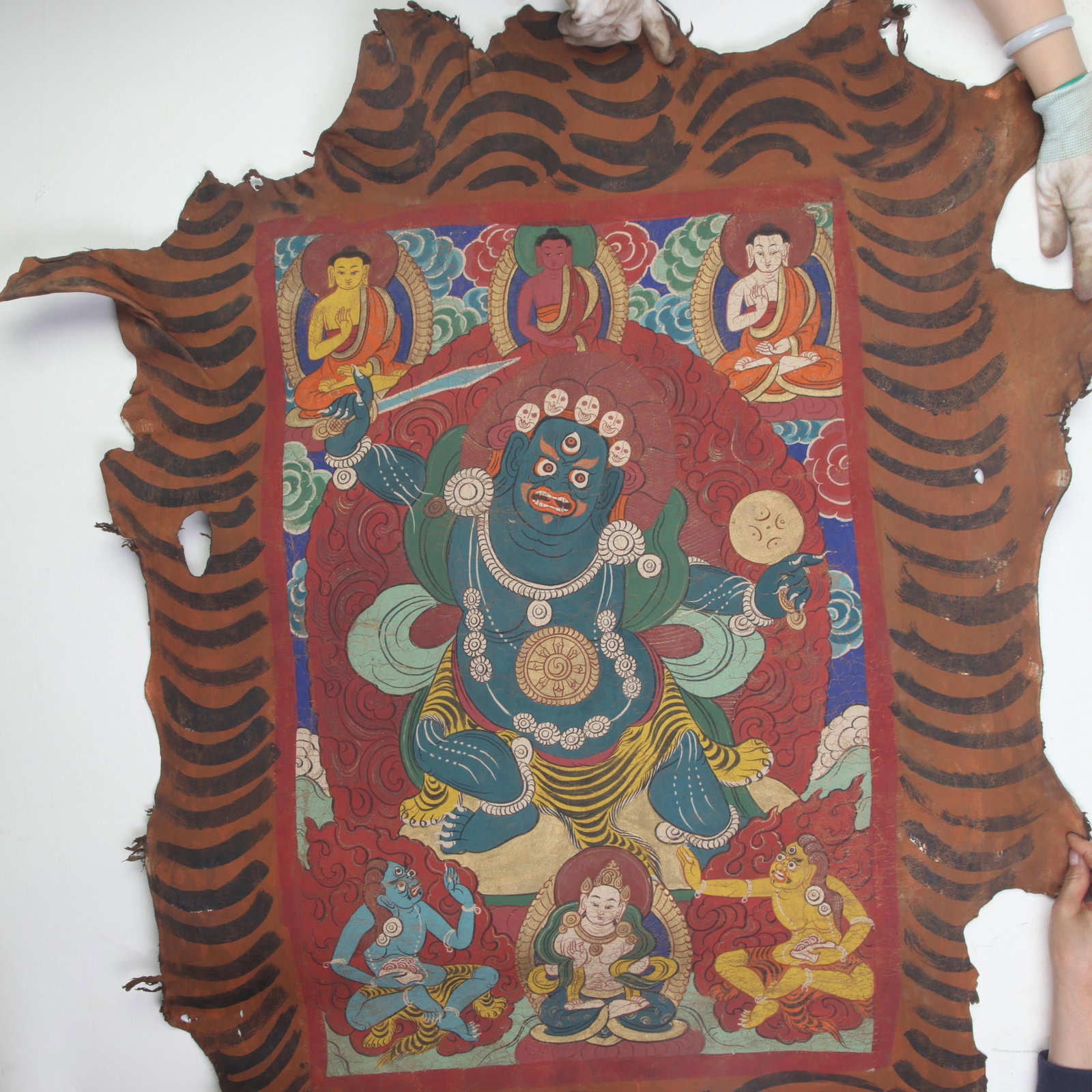 RARE TIBETAN SHEEPSKIN MAHAKALA THANGKA: Qing Dynasty; Long: 45.0 inch; Width: 32.0 inch;