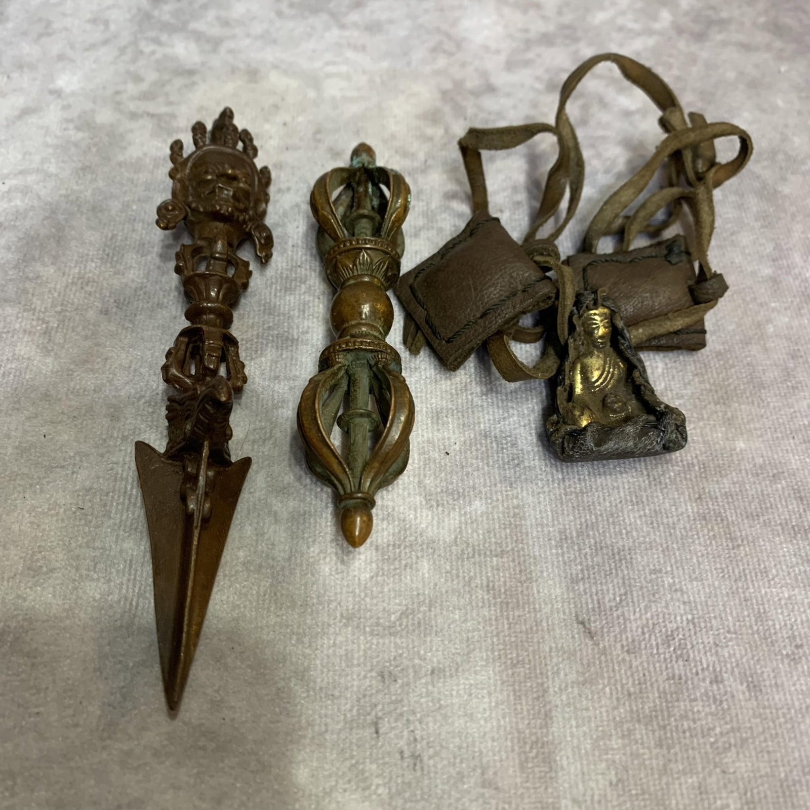 GROUP OF TIBETAN BUDDHIST RITUAL INSTRUMENTS: 19th Century; High: 5.6 inch; Width: 1.0 inch; High: 4.0 inch; Width: 1.0 inch; High: 1.4 inch; Width: 1.1 inch