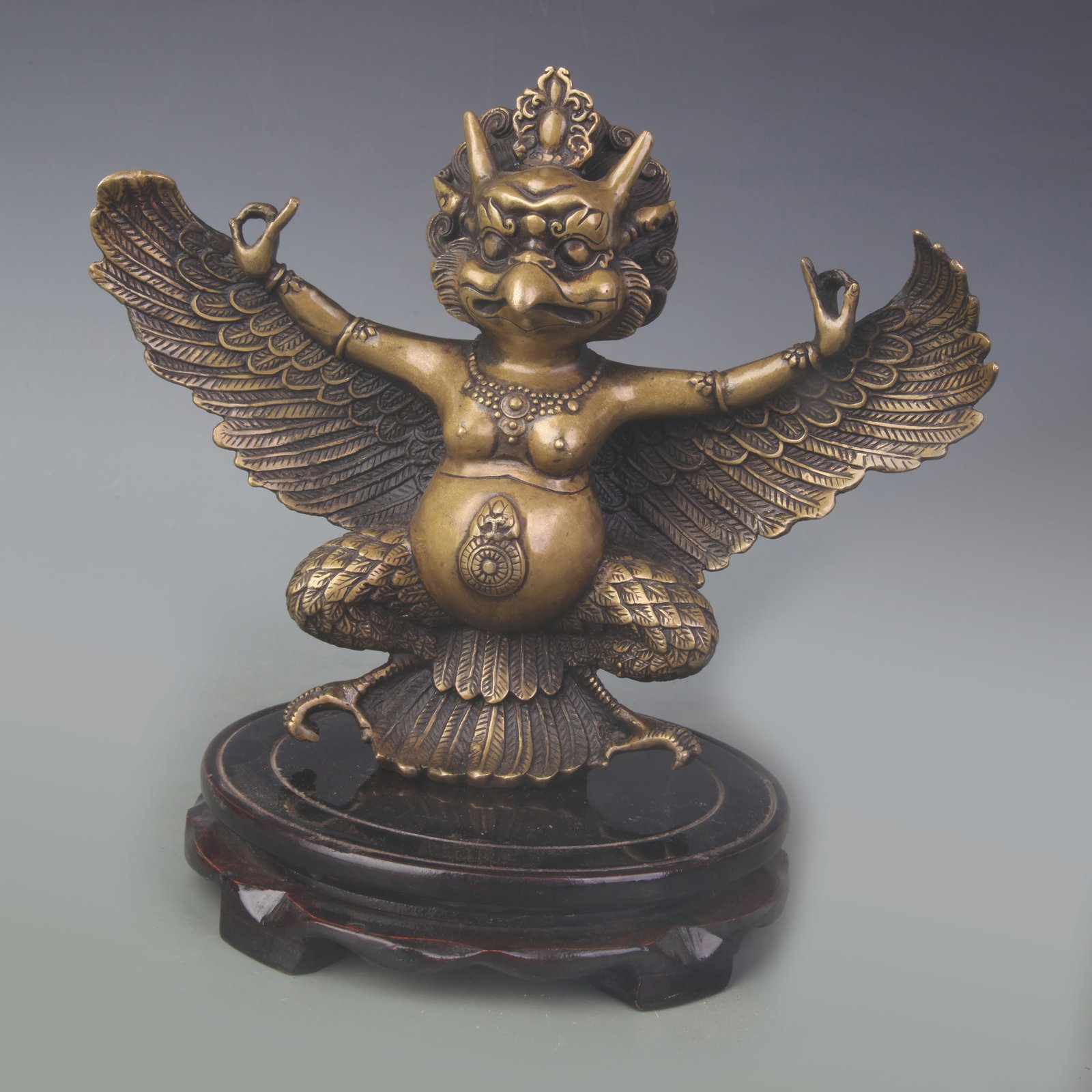 A FINE BRONZE FIGURE OF TIBETIAN GARUDA: 19th Century; High: 3.7 inch; wooden base for picture and display purpose only.