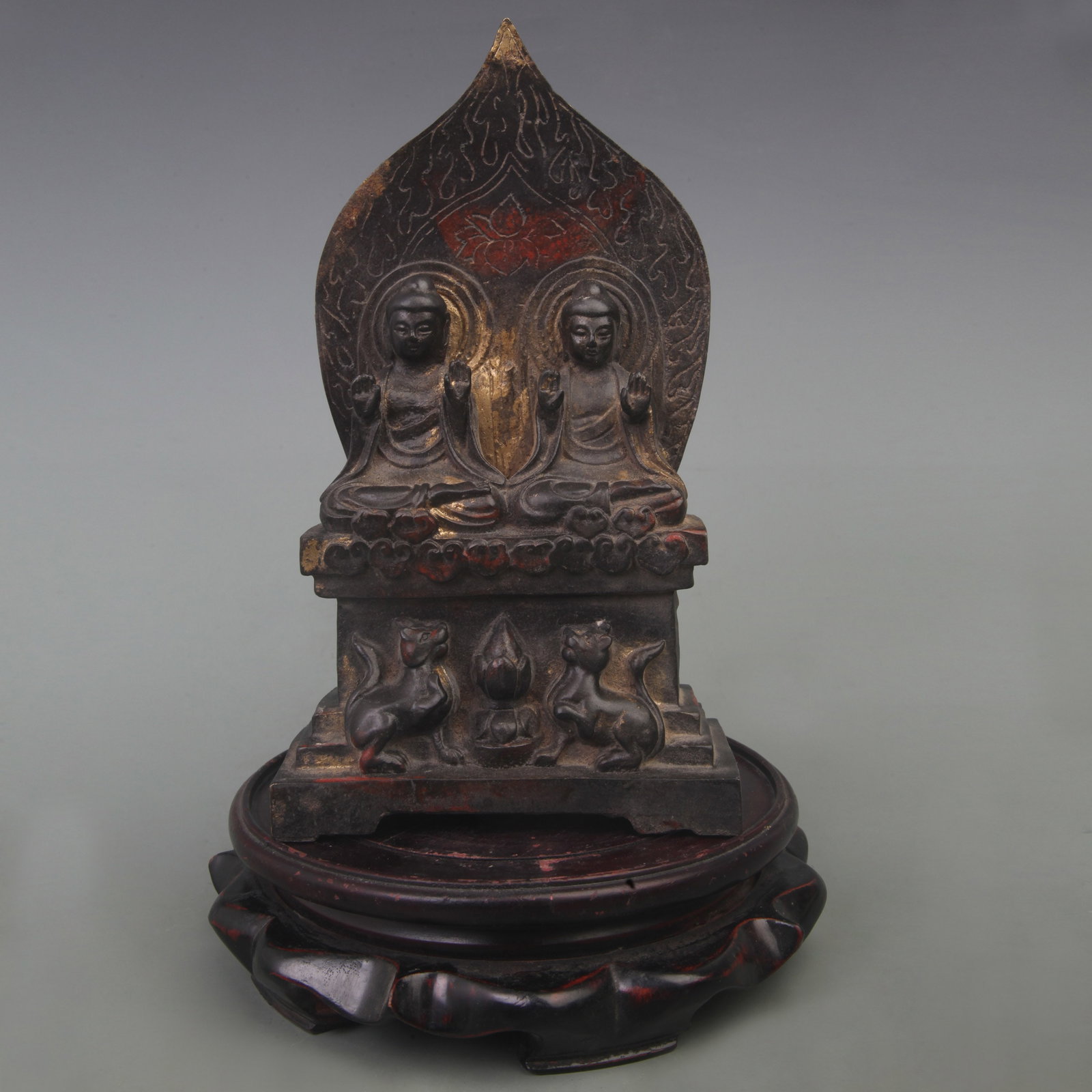 A FINE GILT BRONZE TWIN SEATED BUDDHA STATUE: Ming Dynasty Style; High: 8.5 inch; Width: 5.0 inch; wooden base for picture and display purpose only.