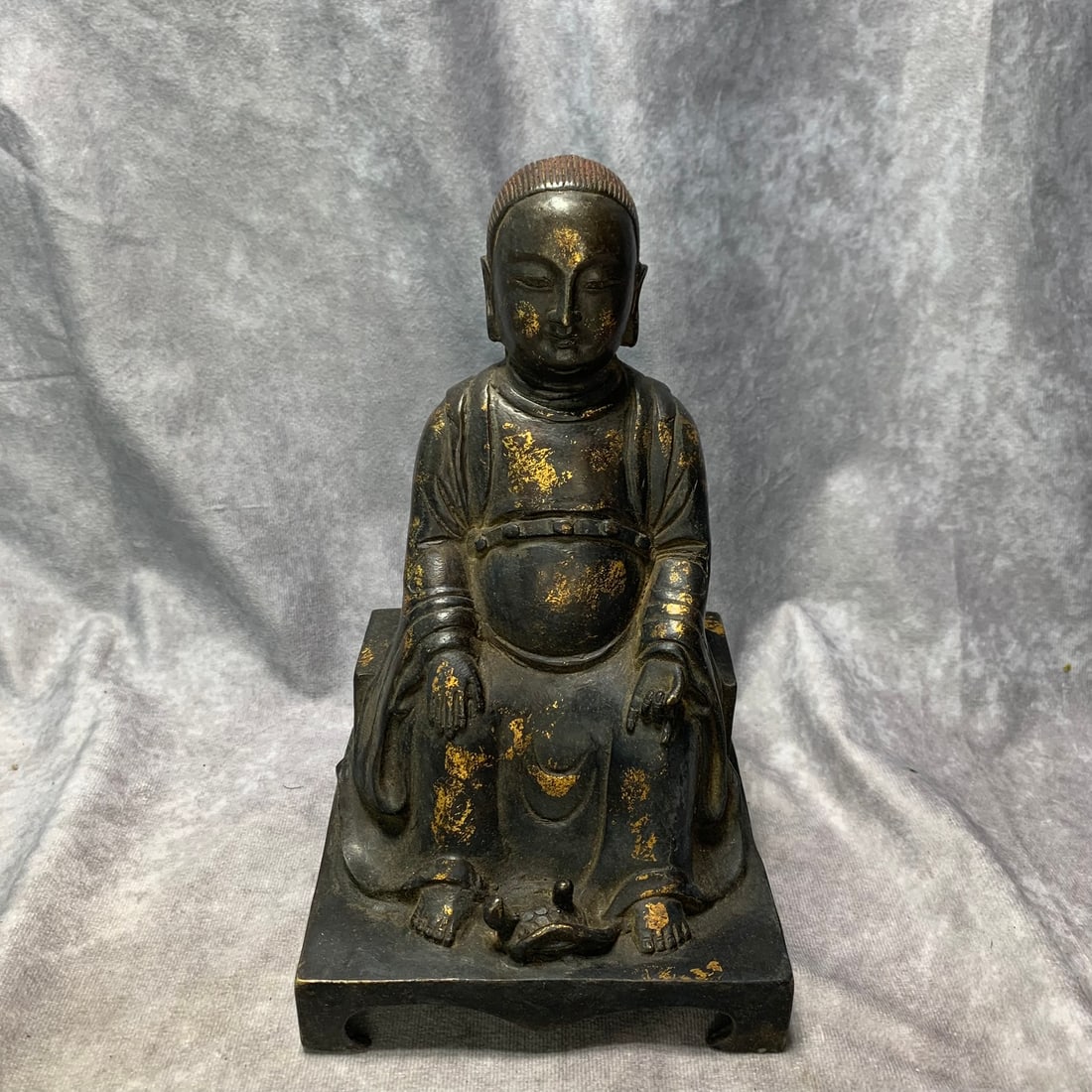 A FINE BRONZE DAOIST DEITY STATUE: Ming Dynasty Style; Long: 5.6 inch; Width: 4.7 inch; High: 9.2 inch; wooden base for picture and display purpose only.