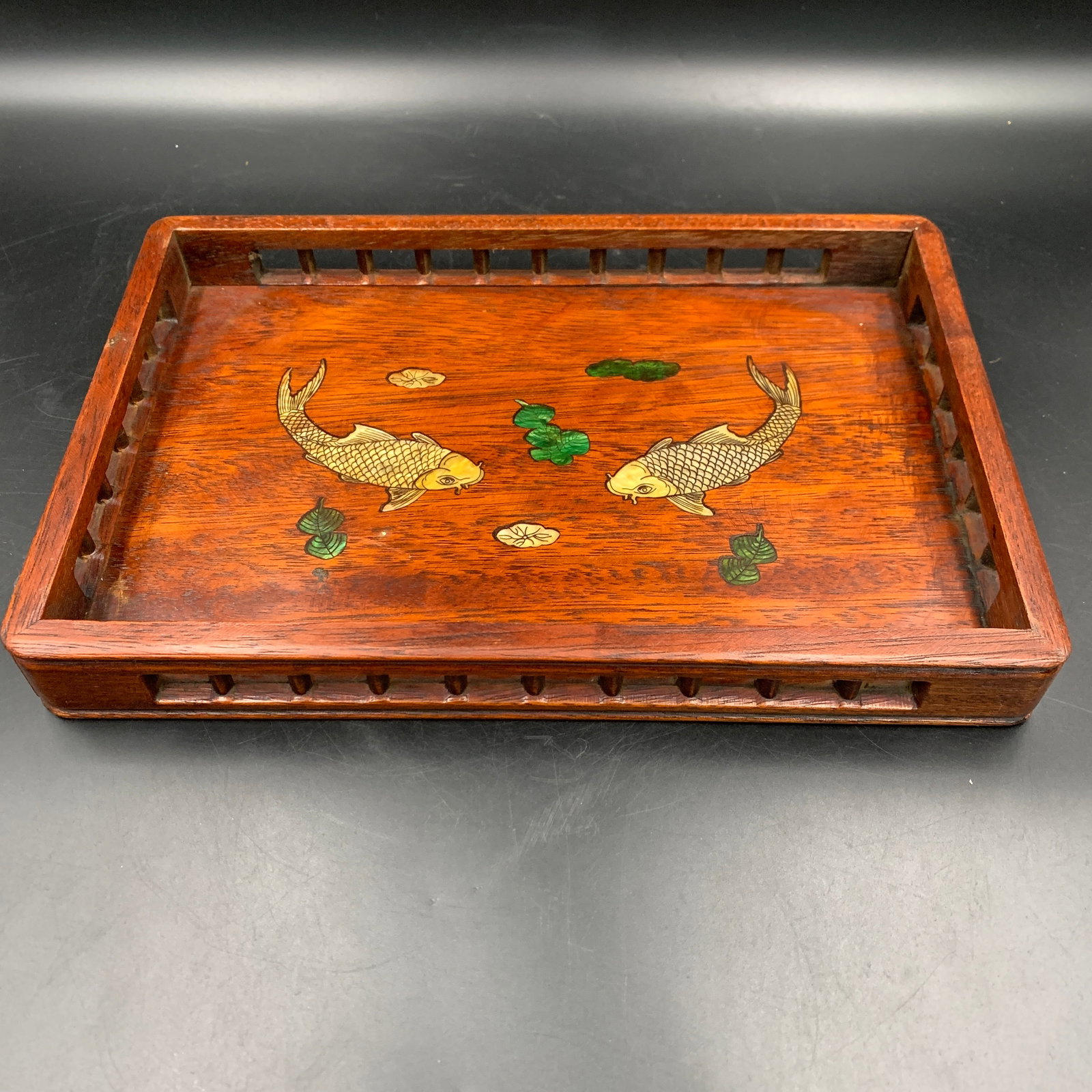 A CHINESE INLAID HARDWOOD 'TWIN FISH' OPEN-RAIL RECTANGULAR TRAY: ; Long: 12.8 inch; Width:8.6 inch; High: 1.5 inch;