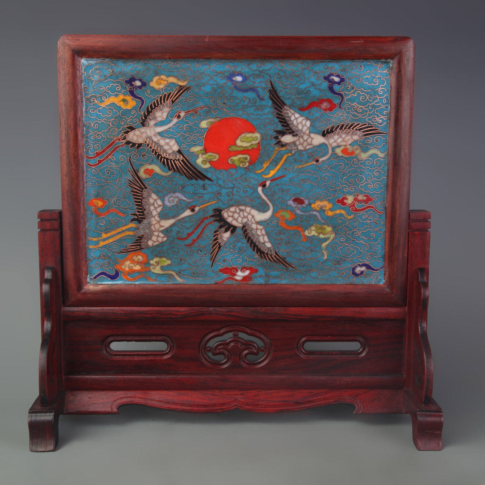 RARE SANDALWOOD AND CLOISONNE ENAMEL MARBLE-INLAID TABLE SCREEN: Qing Dynasty; Width: 9.8 inch; High: 9.7 inch