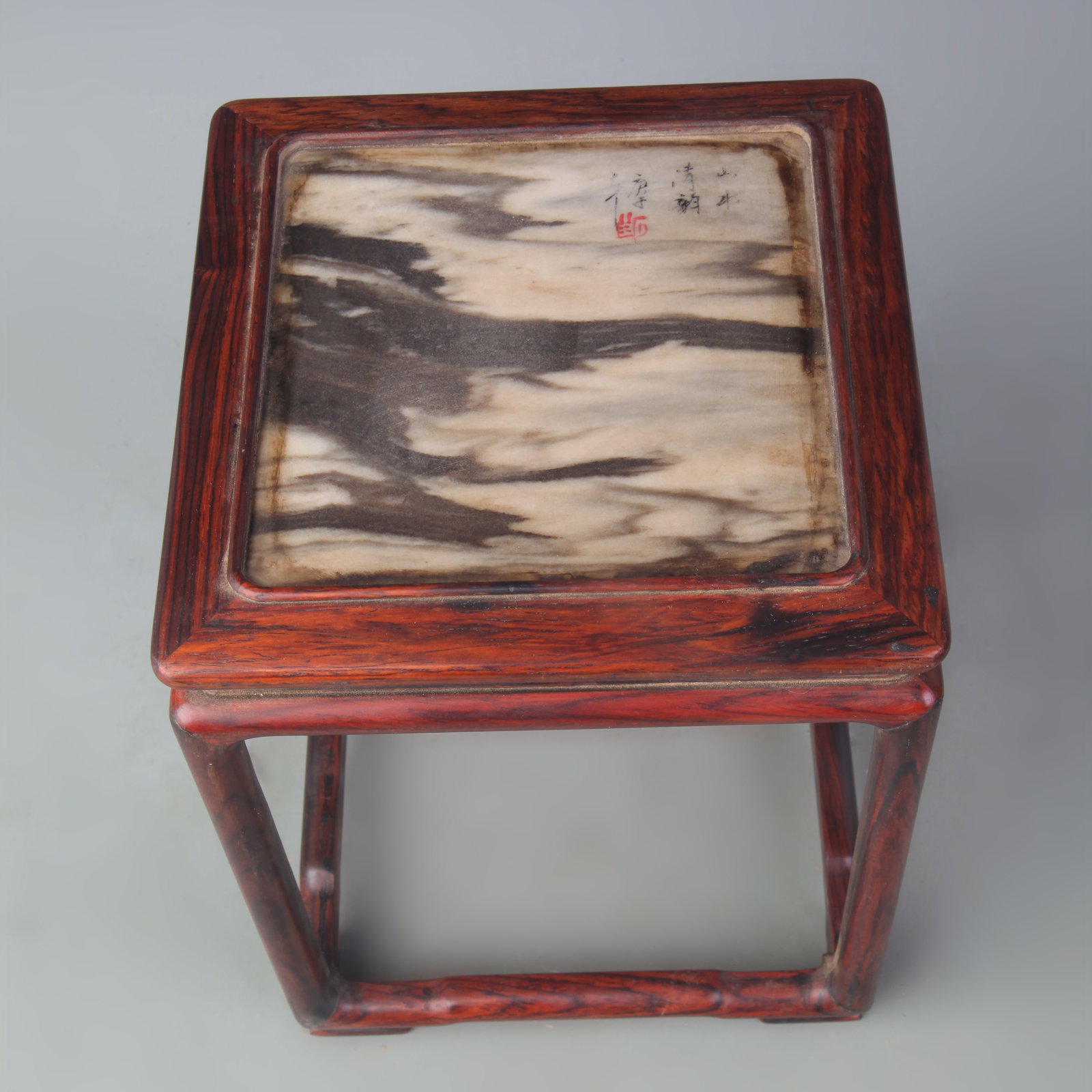 A HUANG HUA LI WOOD TABLE WITH MARBLE INSET: Qing Dynasty; Width: 6.6 inch; High: 8.6 inch