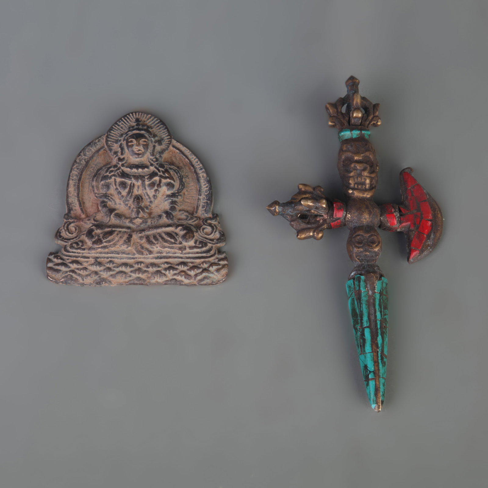 GROUP OF TWO TIBETAN BUDDHIST RITUAL IMPLEMENTS: Qing Dynasty; Long: 3.0 inch to 5.6 inch; Width: 2.9 inch