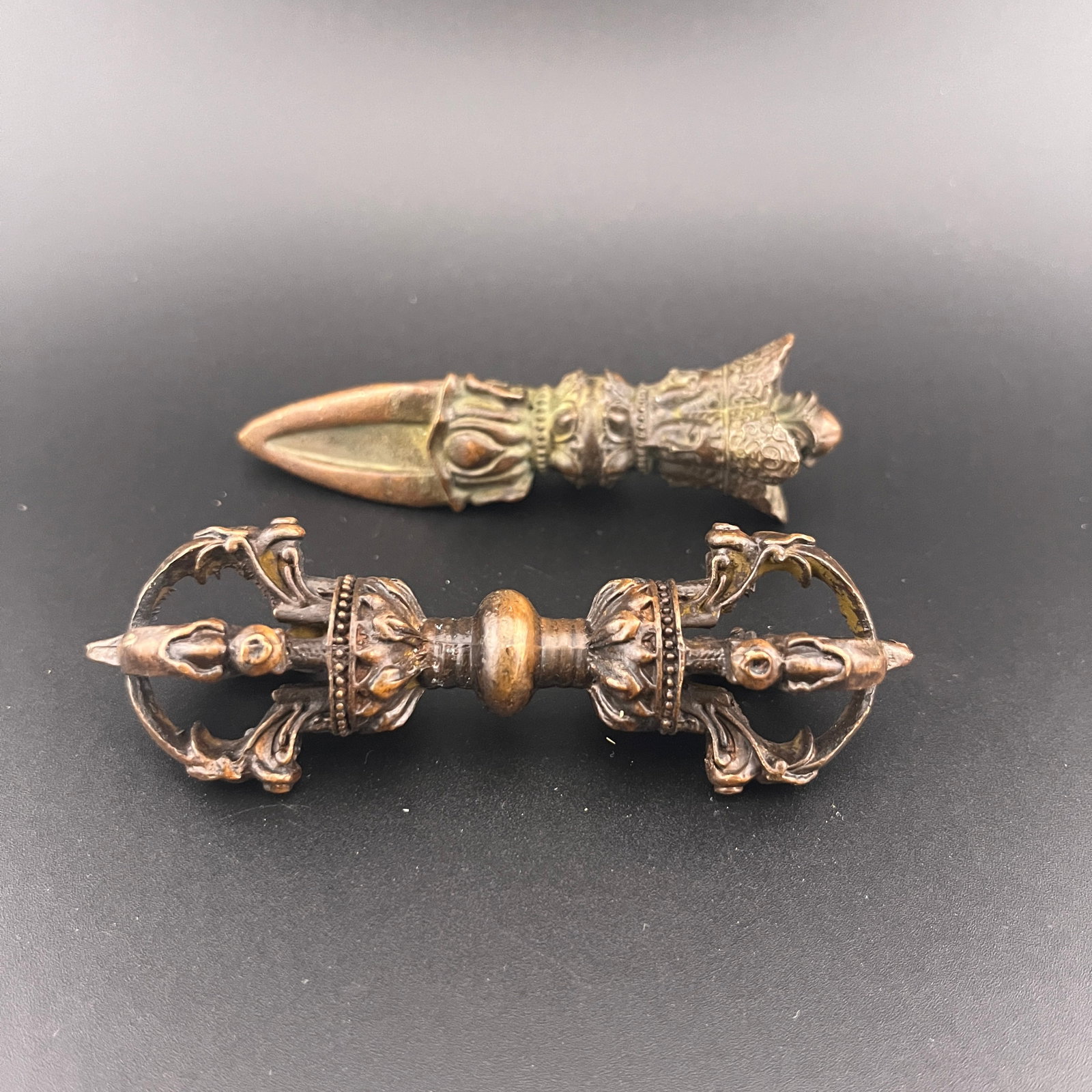 PHURBA TOP FINIAL AND NINE-SPOKED VAJRA: Republic Period; High: 3.9 inch; Diameter: 1.26 inch; High: 3.66 inch; Diameter: 1.1 inch;