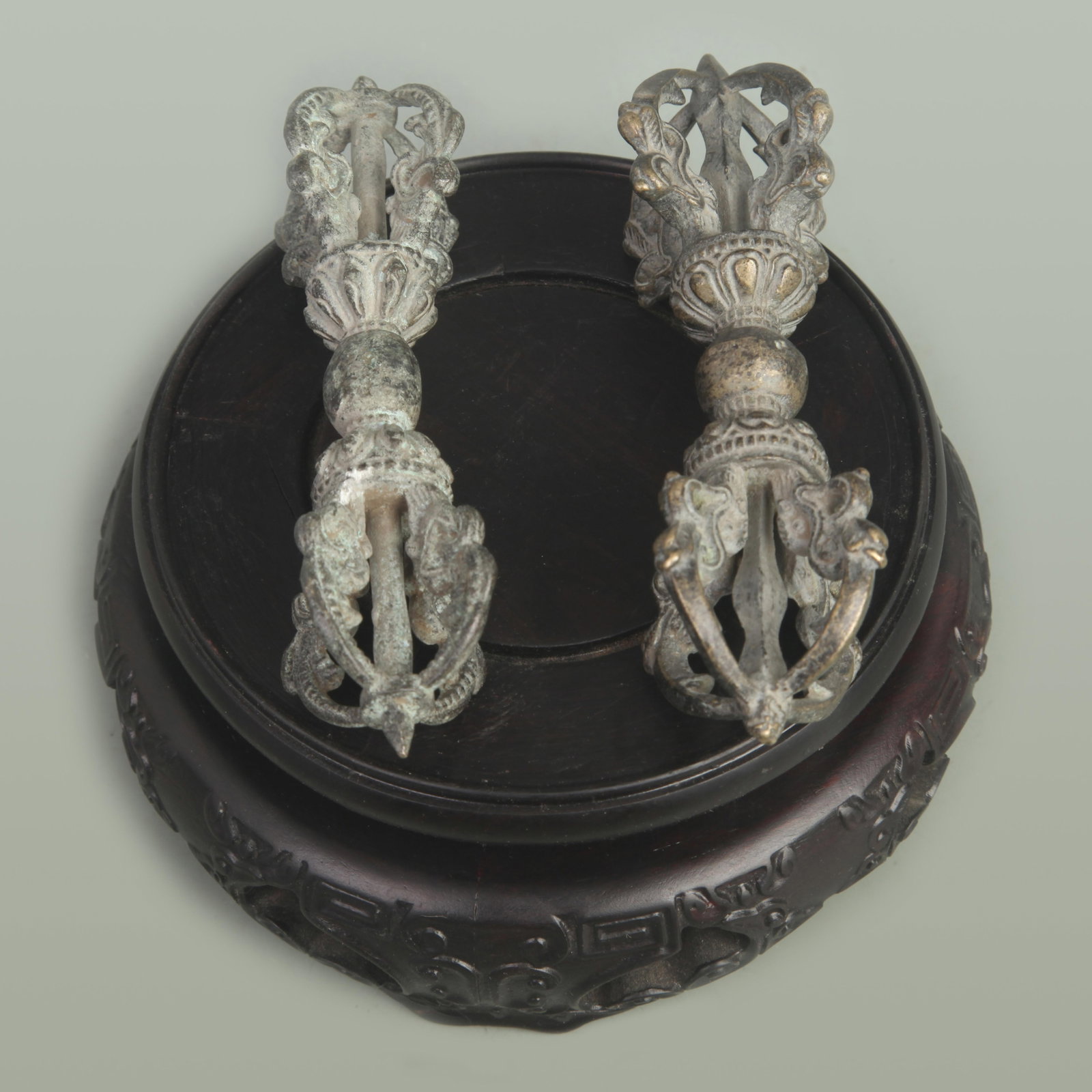A FINE TIBETAN BUDDHISM INSTRUMENTS PHURBA: 20th Century; Long: 4.9 inch; each; wooden base for picture and display purpose only.