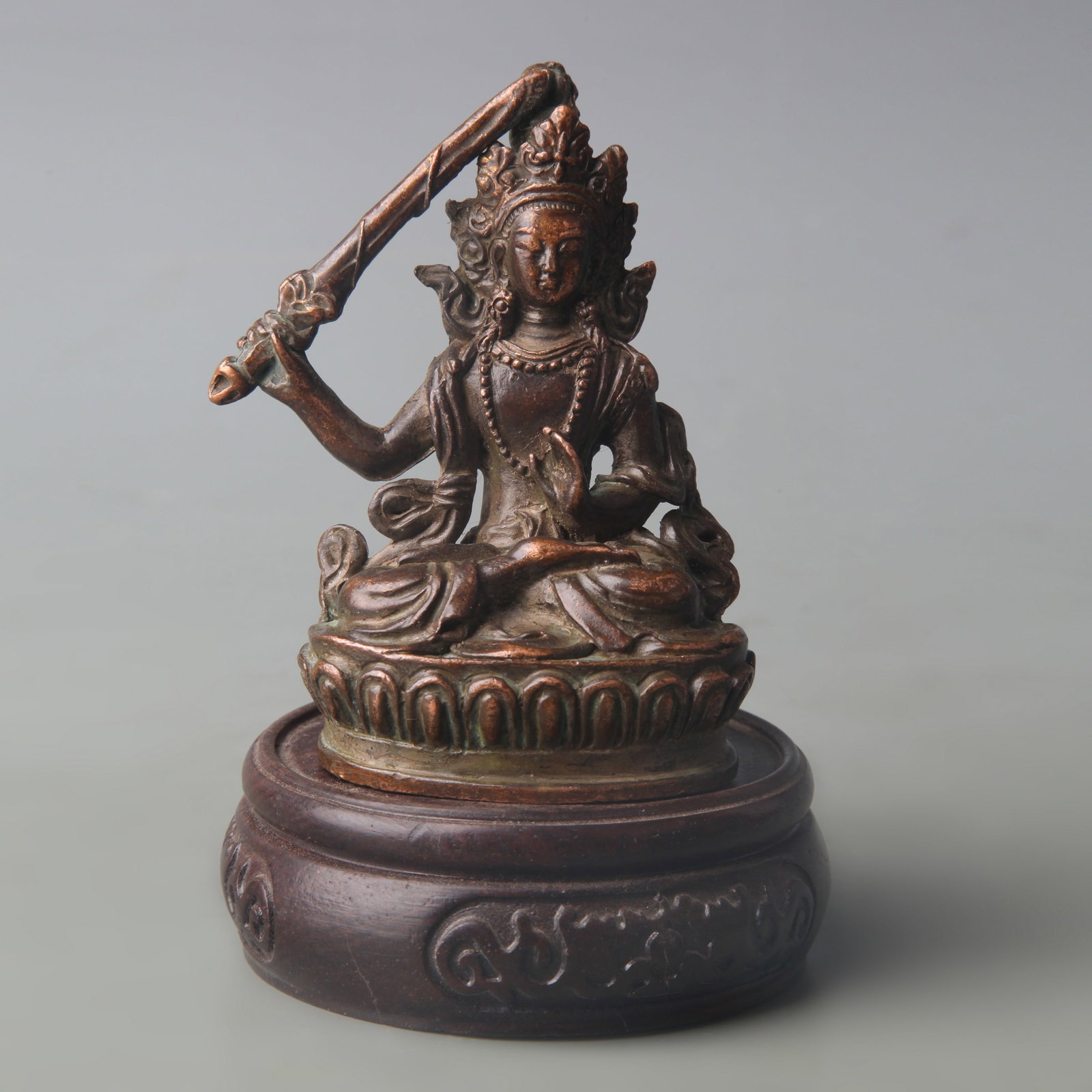 SMALL BRONZE BUDDHA STATUE: Qing Dynasty; High:3.3 inch; wooden base for picture and display purpose only.