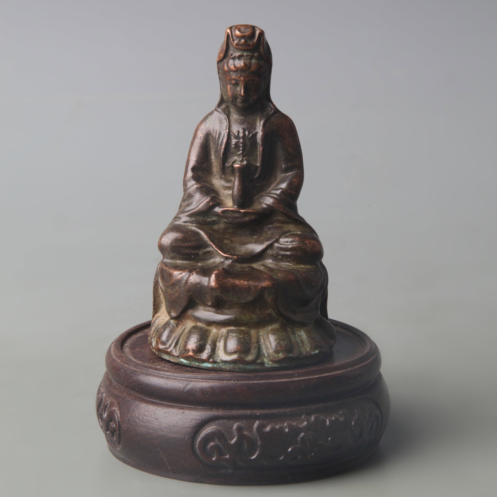 SMALL BRONZE STATUE OF GUANYIN: Qing Dynasty; High: 3.3 inch; wooden base for picture and display purpose only.