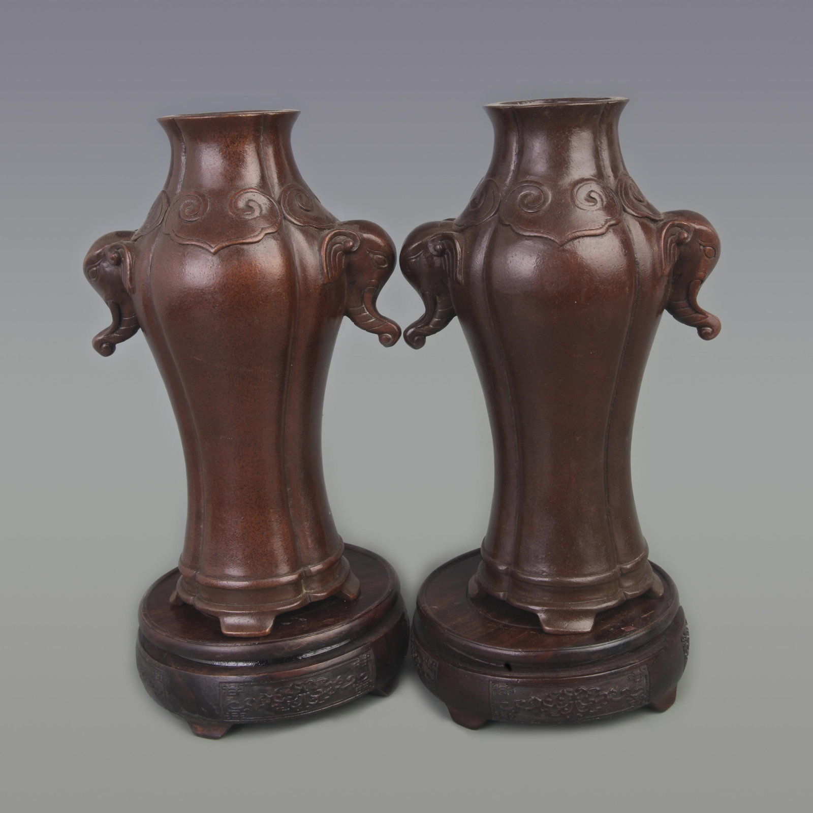 PAIR OF RARE ELEPHANT EAR TALL BRONZE VASE: Ming Dynasty Style, Diameter: 6.0 inch; High: 9.7 inch; wooden base for picture and display purpose only.