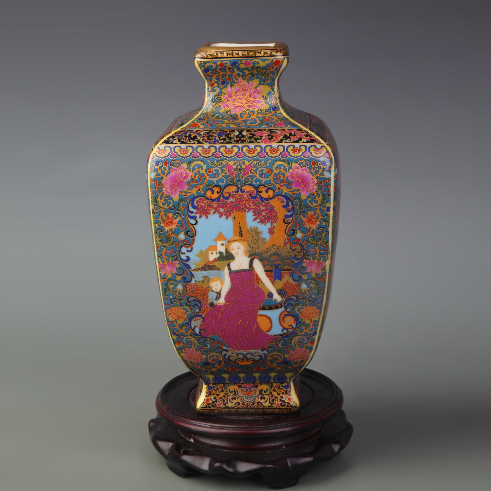A CHINESE FAMILLE ROSE 'EUROPEAN FIGURES' FOUR-SIDED VASE: Qing Dynasty Yong Zheng Period; High: 8.5 inch; wooden base for picture and display purpose only.
