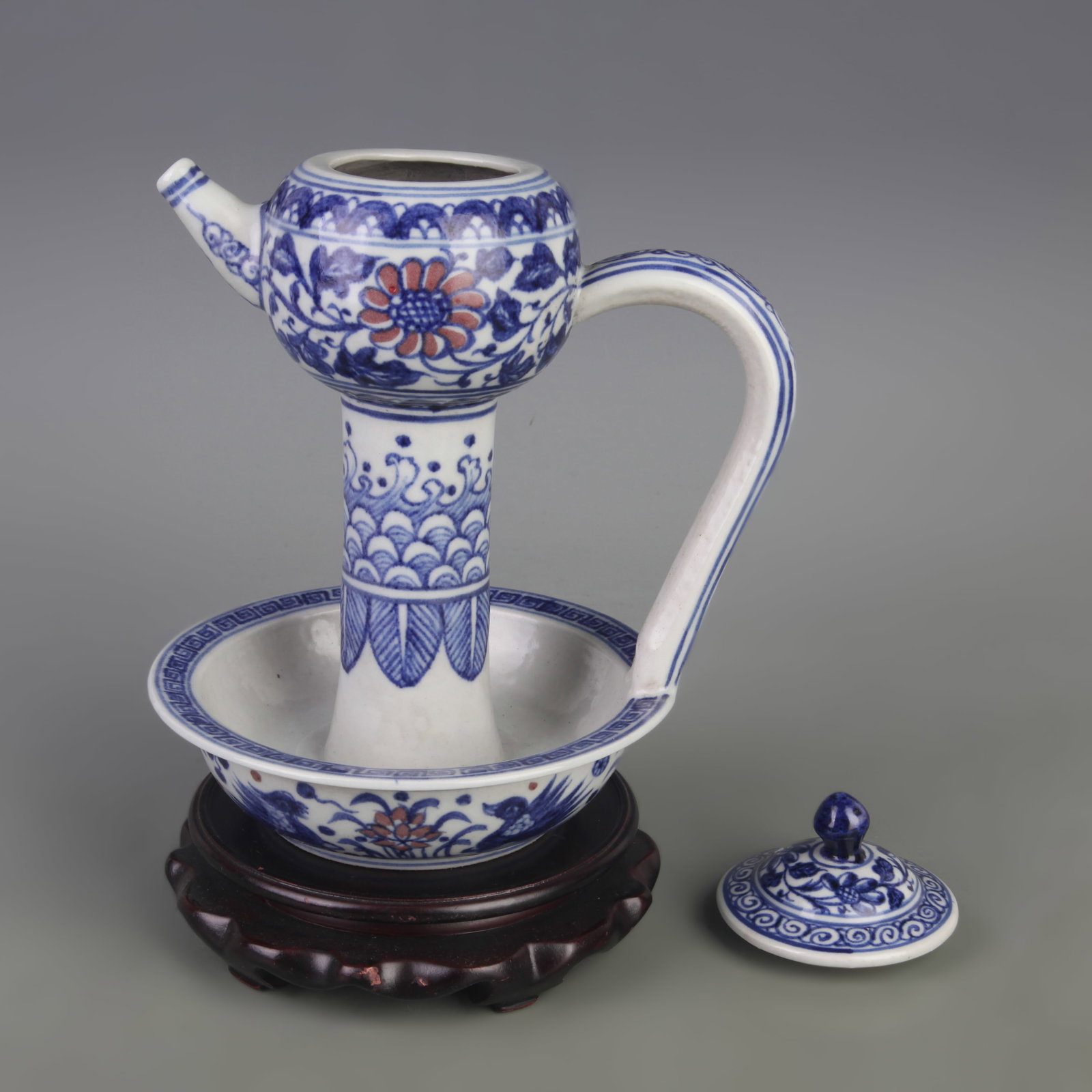 BLUE-AND-WHITE UNDERGLAZE RED FLOWER PATTERN EWER - 2