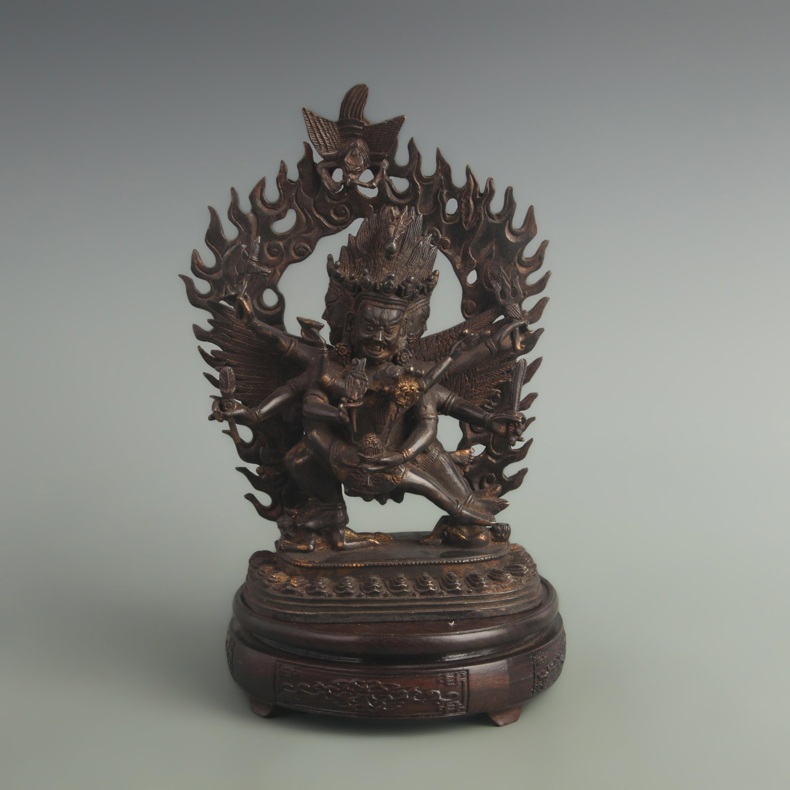 A FINE BRONZE GILDED HAPPINESS BUDDHA STATUE: 19th Century; High: 9.80 inch; Width: 2.80 inch; Long: 6.80 inch; wooden base for picture and display purpose only.