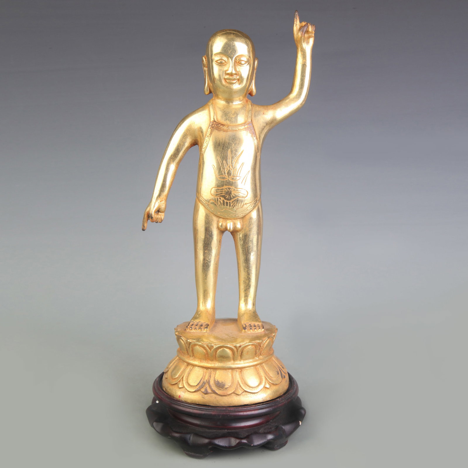 STATUE OF THE BIRTH OF SHAKYAMUNI BUDDHA: Qing Dynasty; High:12.0 inch; wooden base for picture and display purpose only.
