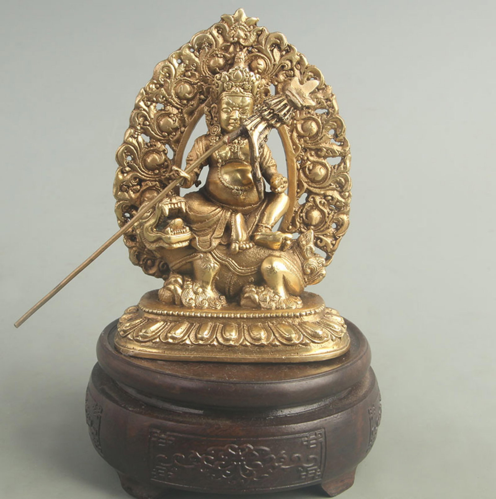 GILT BRONZE WEALTH KING STATUE: 20th Century; High: 5.00 inch; Width: 2.10 inch; Long: 3.60 inch; wooden base for picture and display purpose only.
