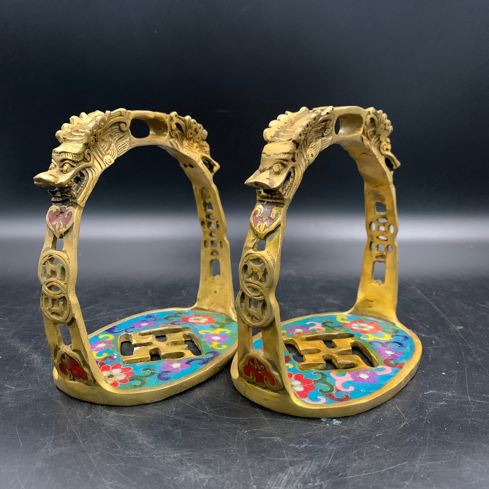 PAIR OF FINE ANQITUES CLOISONNE BRONZE HORSE STIRRUPS: Qing Dynasty; Long: 5.5 inch; Width:3.6 inch; High: 5.4 inch;