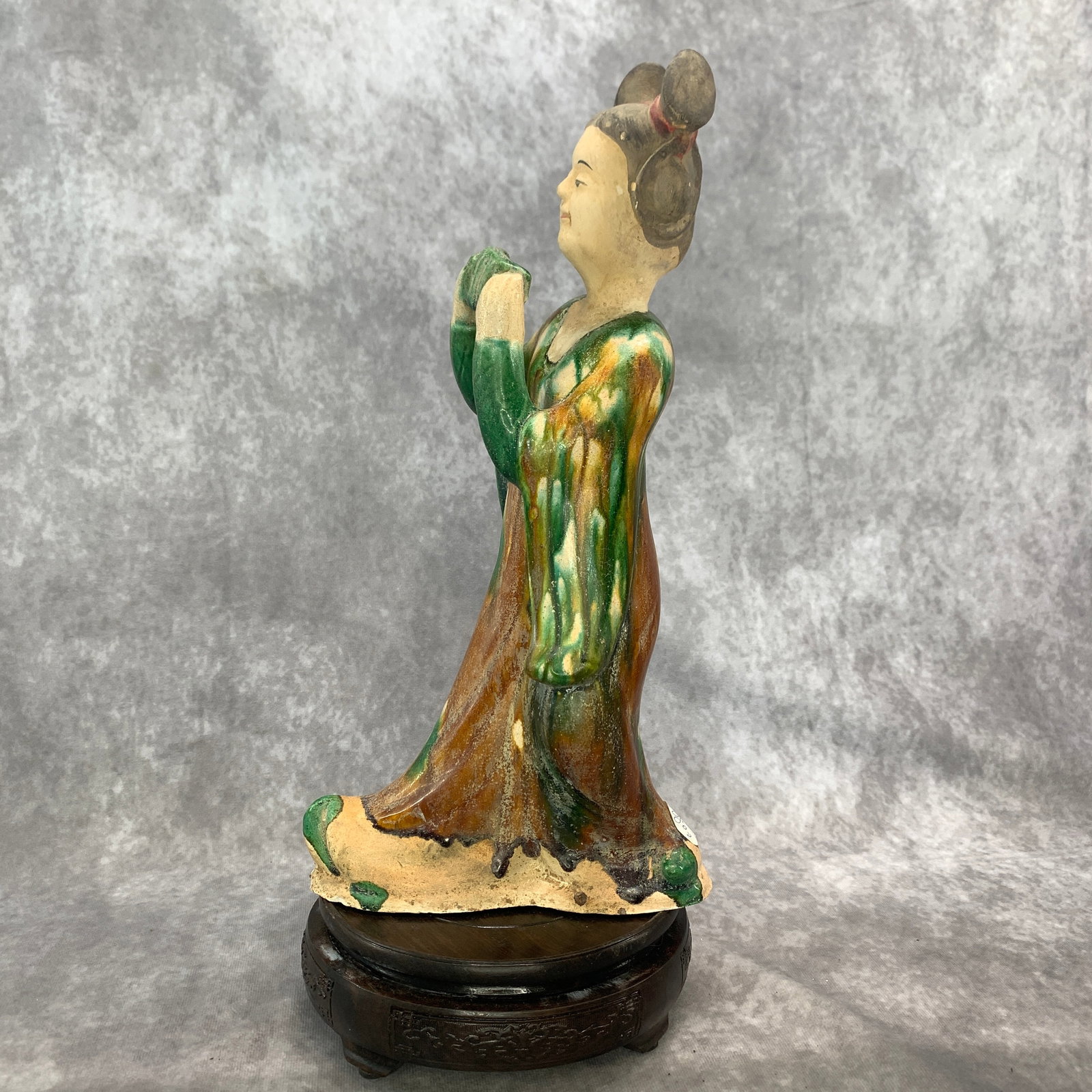 A FINE SANCAI-GLAZED TANG-STYLE FAT LADY POTTERY FIGURINE: Tang Dynasty Style; Long: 6.8 inch; Width: 4.1 inch; High: 13 inch; wooden base for picture and display purpose only.