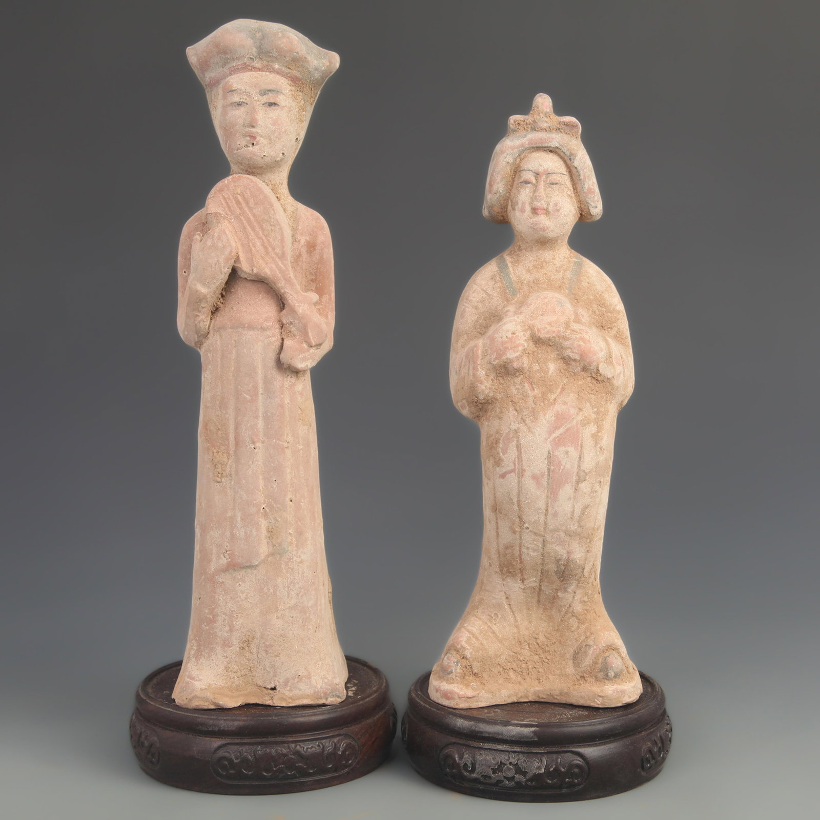 COLOR PAINTED FEMALE TERRACOTTA POTTERY FIGURE: Tang Dynasty Style; High: 8.50 to 9.00 inch; Width: 2.25 to 2.50 inch; wooden base for picture and display purpose only.