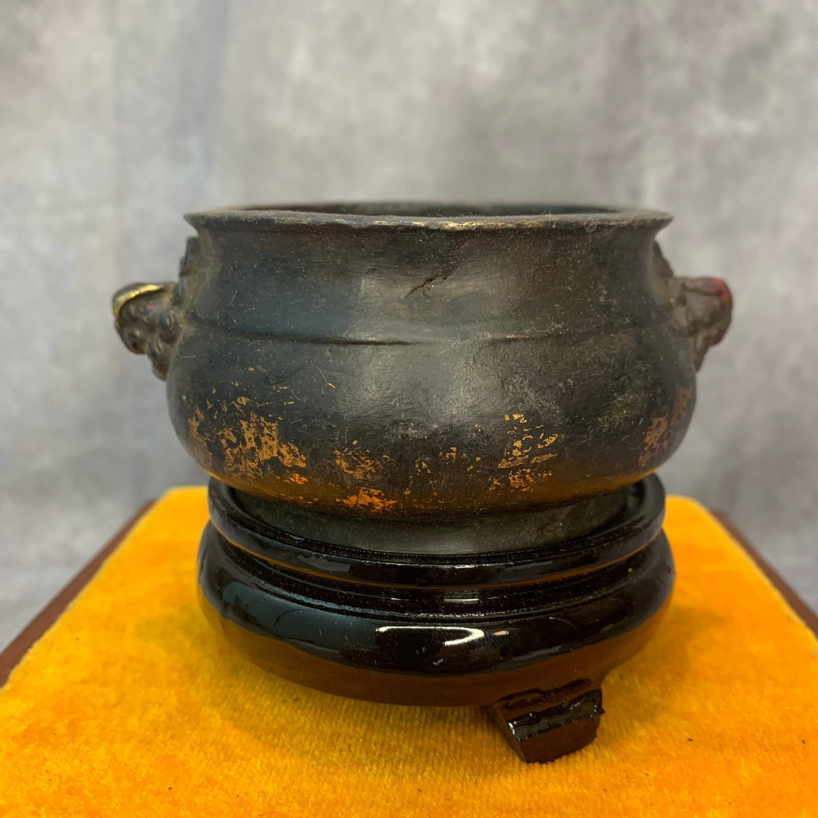 A FINE THREE LEG ANIMAL EAR ROUND BRONZE CENSER: Qing Dynasty; High: 1.9 inch; Diameter: 3.5 inch; wooden base for picture and display purpose only.