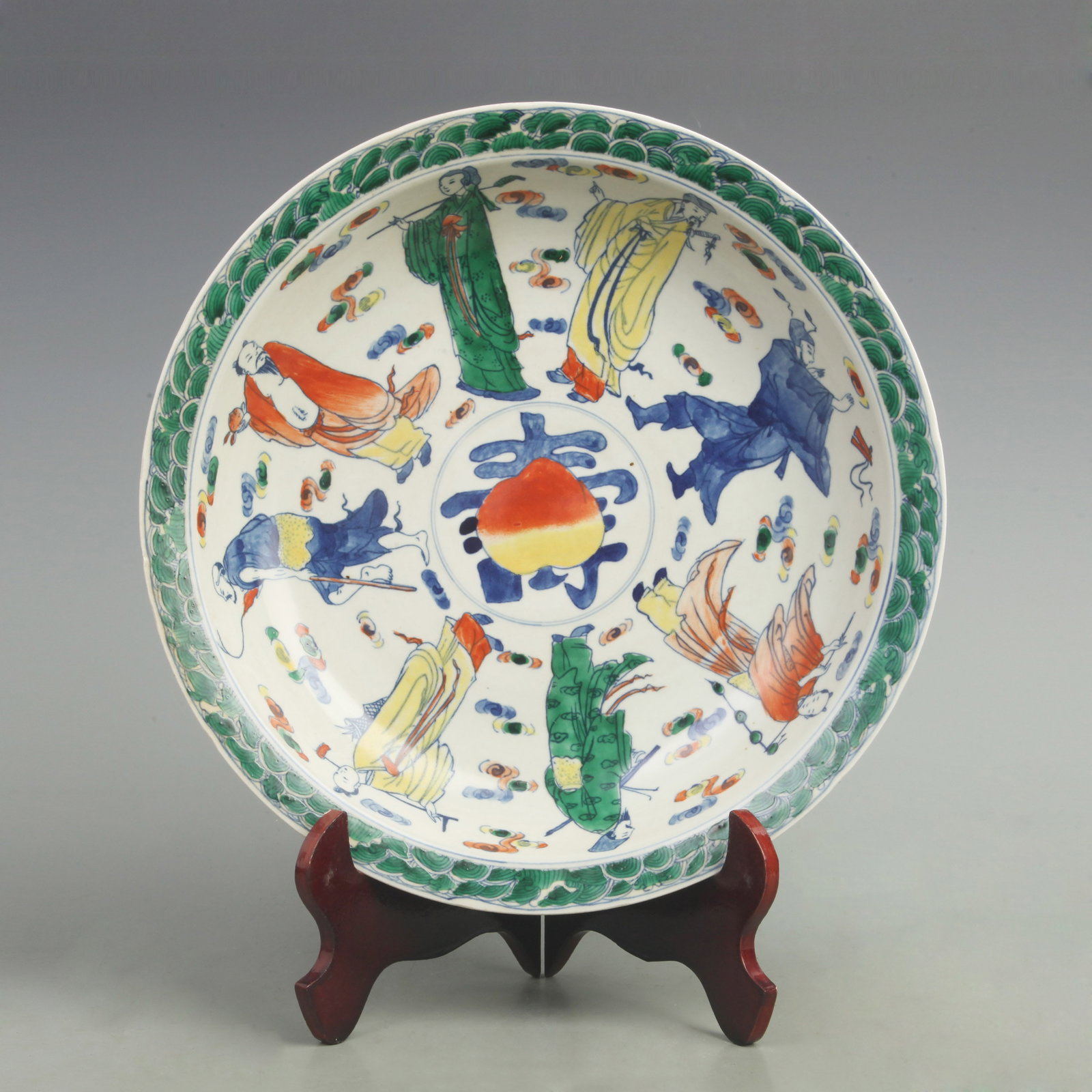 LARGE DOUCAI COLOR CHARACTER PATTERN PORCELAIN PLATE: Qing Dynasty Yong Zhen Period; Diameter: 13.0 inch; wooden base for picture and display purpose only.