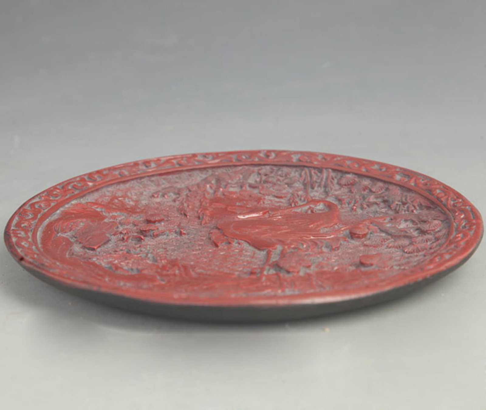 CARVED RED LACQUER PINE TREE AND CRANE PATTERN PLATE - 3