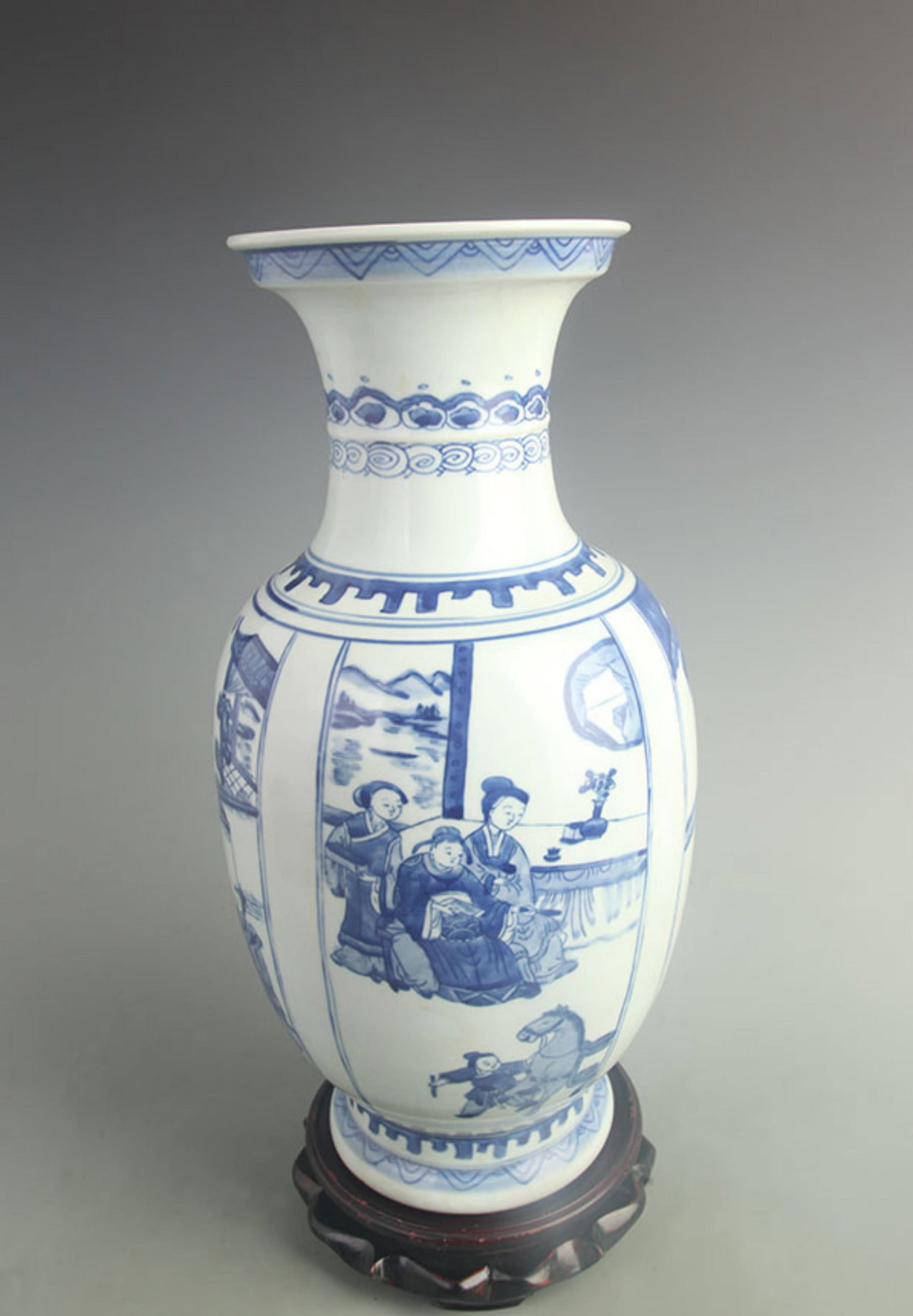 BLUE AND WHITE PRESENTATION VASE WITH FOUR RESERVED PANELS OF FIGURES: Qing Dynasty Kang Xi Period; High: 16.0 inch; Width: 8.00 inch; wooden base for picture and display purpose only.