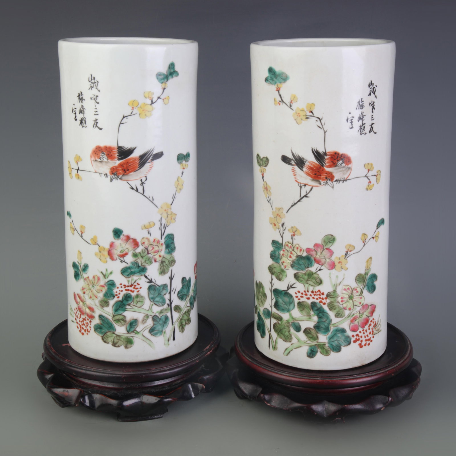 PAIR OF FAMILLE ROSE FLORAL AND BIRD PATTERN PORCELAIN HAT HOLDER: Republic Period; Diameter: 4.6 inch; High: 10.6 inch; wooden base for picture and display purpose only.