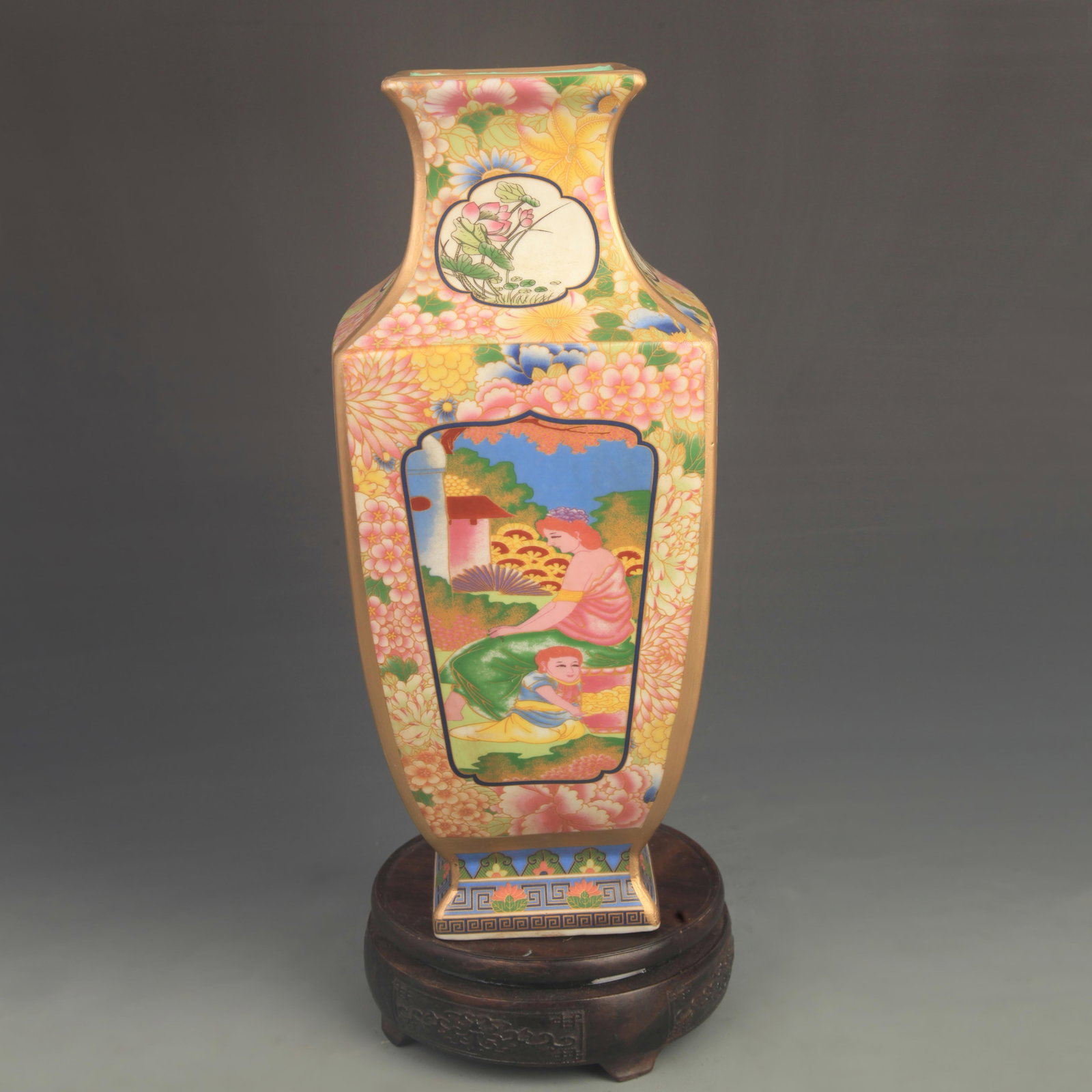 FAMILLE ROSE SQUARE PORCELAIN VASE WITH EUROPEAN FIGURES: Qing Dynasty Yong Zheng Period; High: 12.0 inch; Diameter: 5.00 inch; wooden base for picture and display purpose only.
