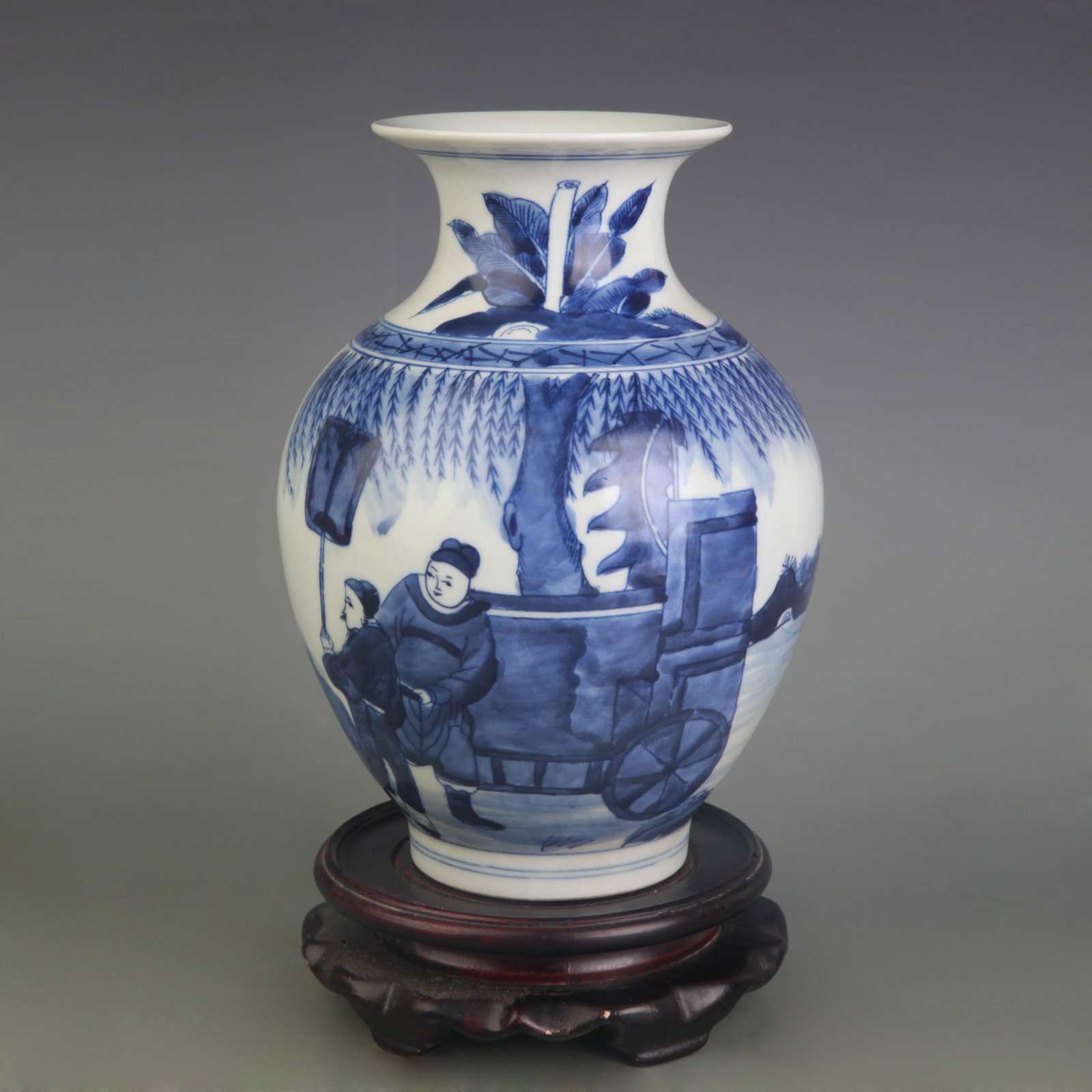 A BLUE AND WHITE ZUN VESSEL WITH FIGURAL DECORATION: Qing Dynasty; Diameter: 3.6 inch; High: 7.7 inch; wooden base for picture and display purpose only.