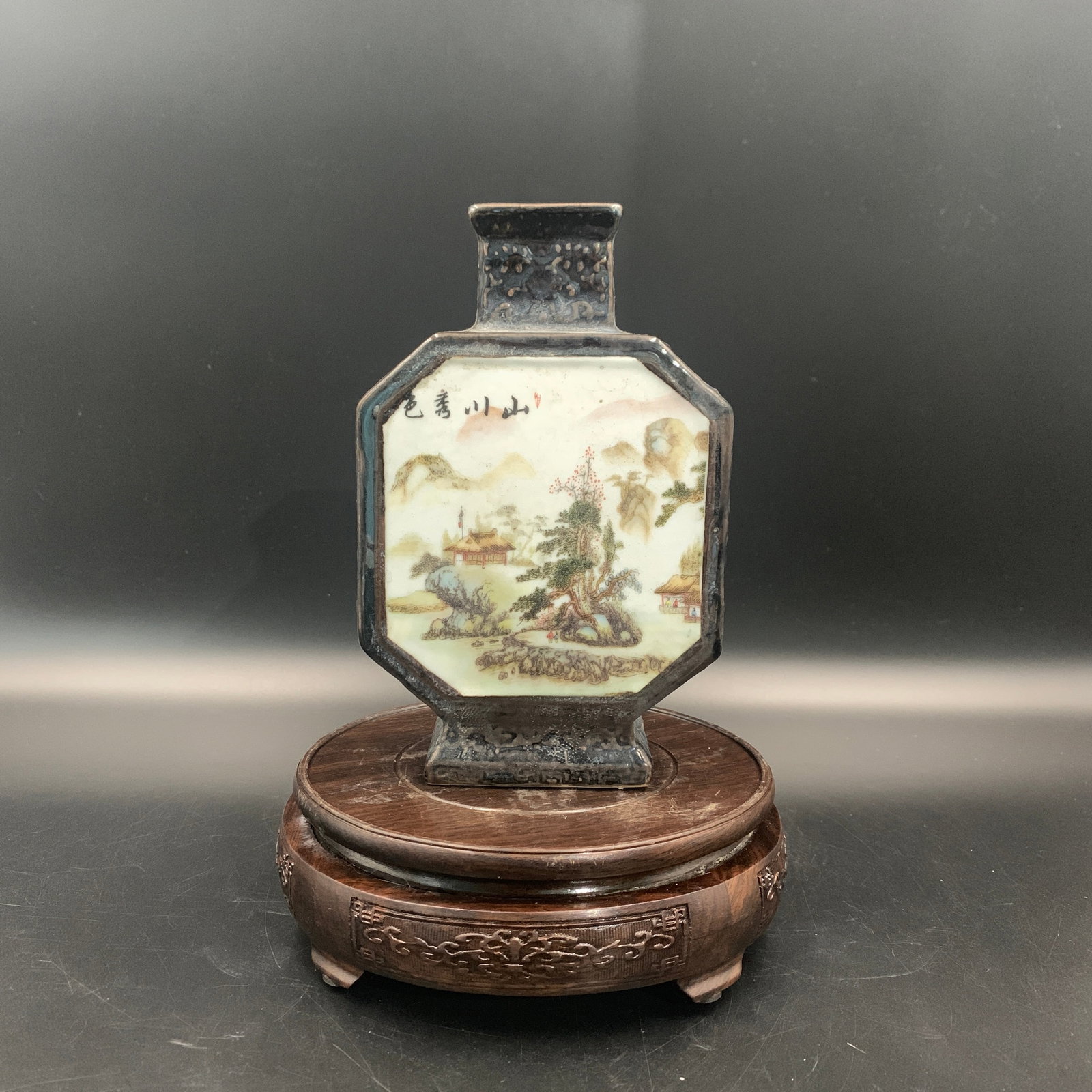 A CHINESE GLAZED AND INSERTED FAMILLE ROSE HEXAGONAL MOONFLASK: 19th Century; Long: 4.5 inch; Width:2.4 inch; High: 7.1 inch; wooden base for picture and display purpose only.