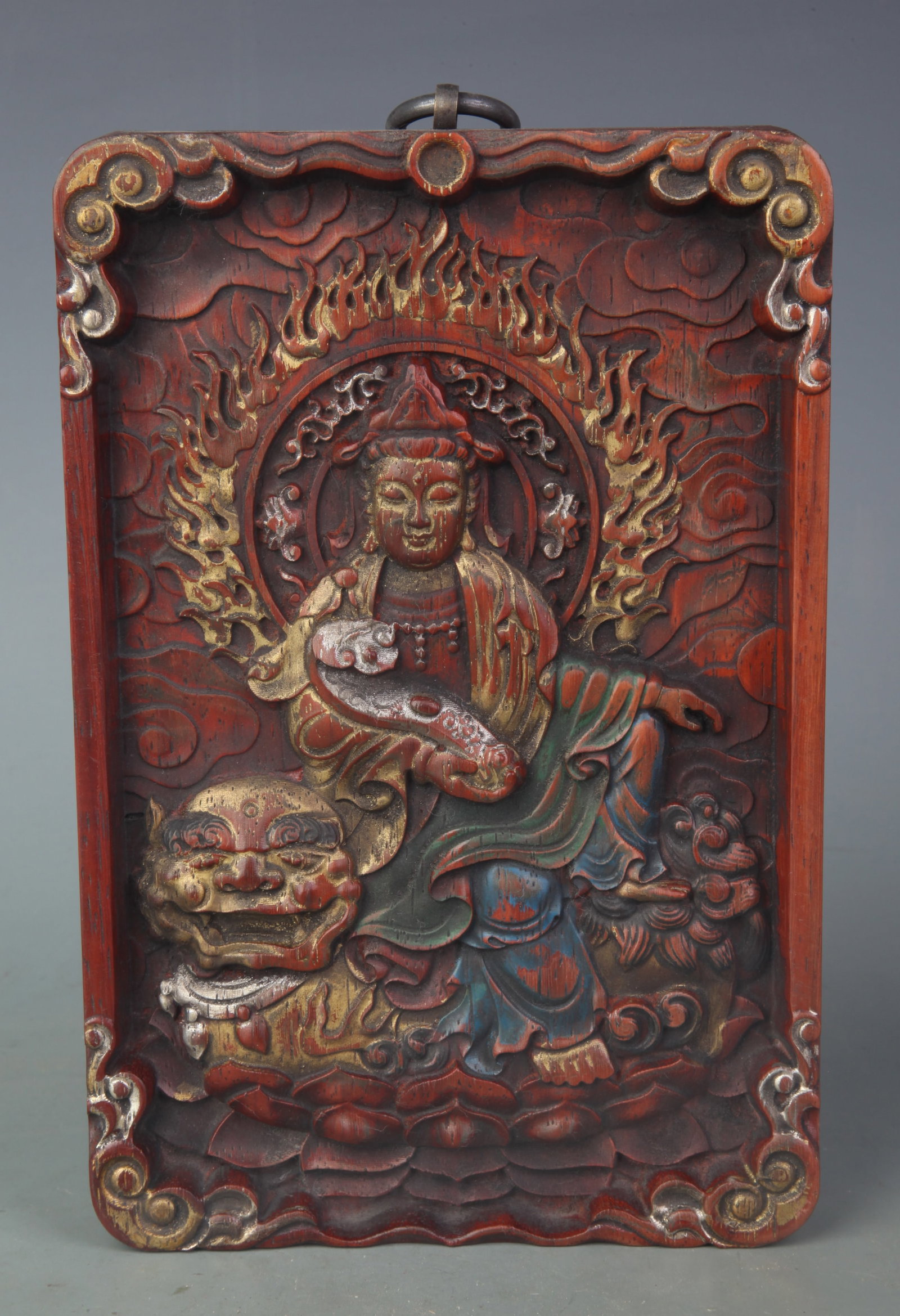 A CAMPHOR WOOD CARVED HANGING PANEL OF MANJUSHRI: Modern; Long: 8.2 inch; Width: 5.5 inch