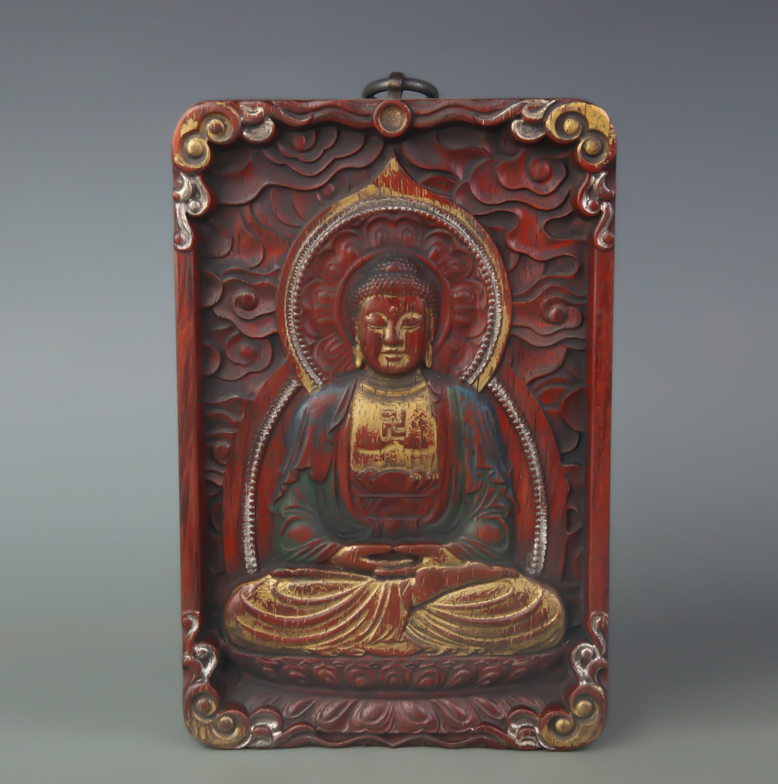 CAMPHOR WOOD CARVED HANGING PANEL WITH TATHAGATA BUDDHA DECORATION: Modern; Long: 8.2 inch; Width: 5.5 inch